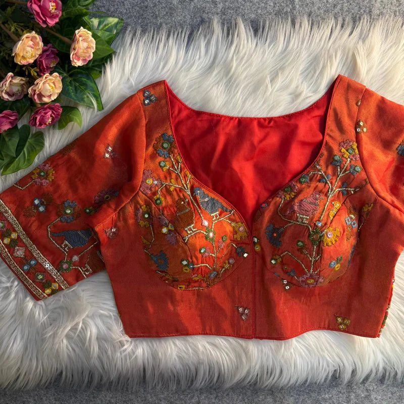 Ruby Red Bird Motif Mirror Work Blouse  Cosmos Silk Designer Partywear