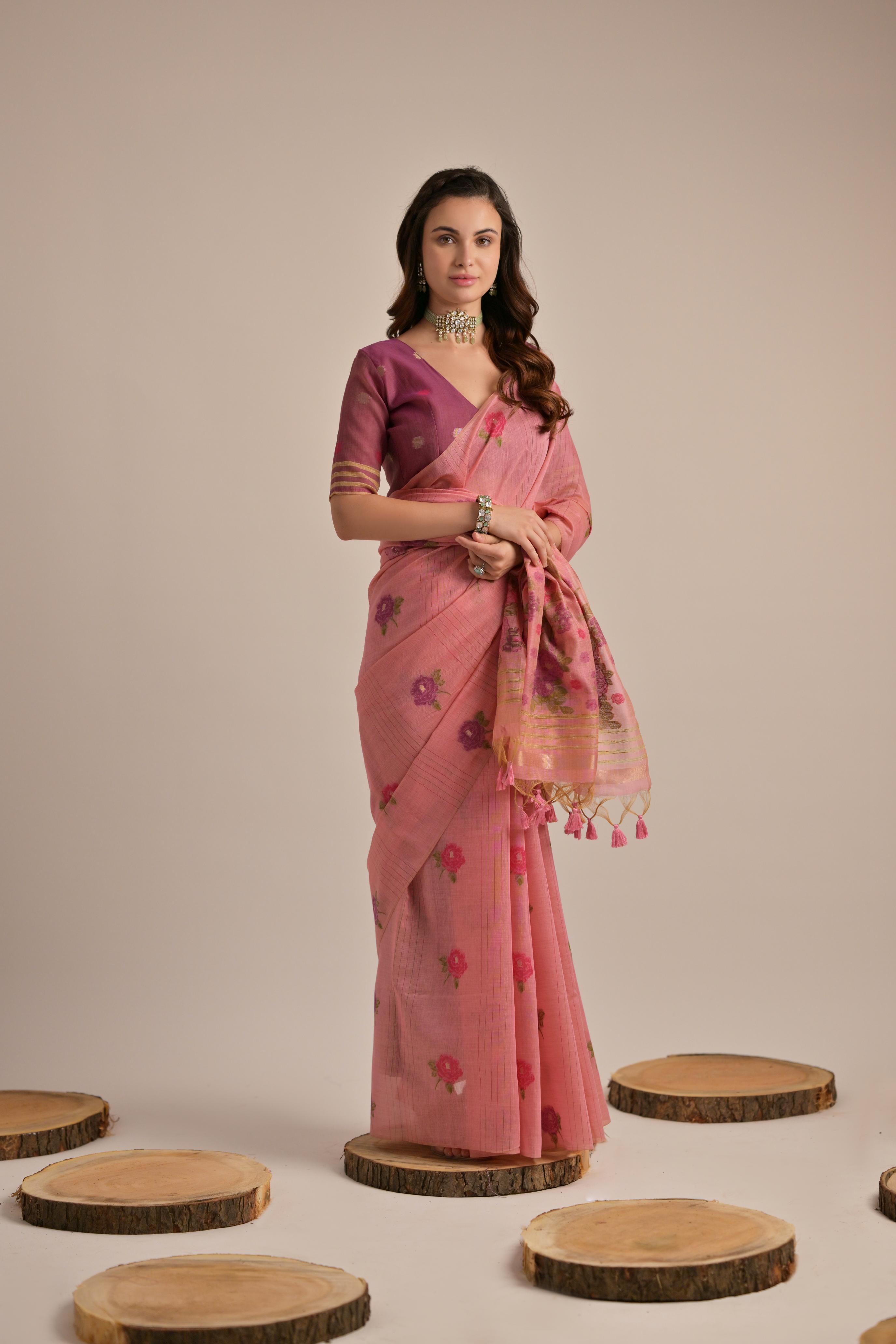 Rust Beautiful Girly Looks Multy Floral Weaving Designer Muga Cotton Saree