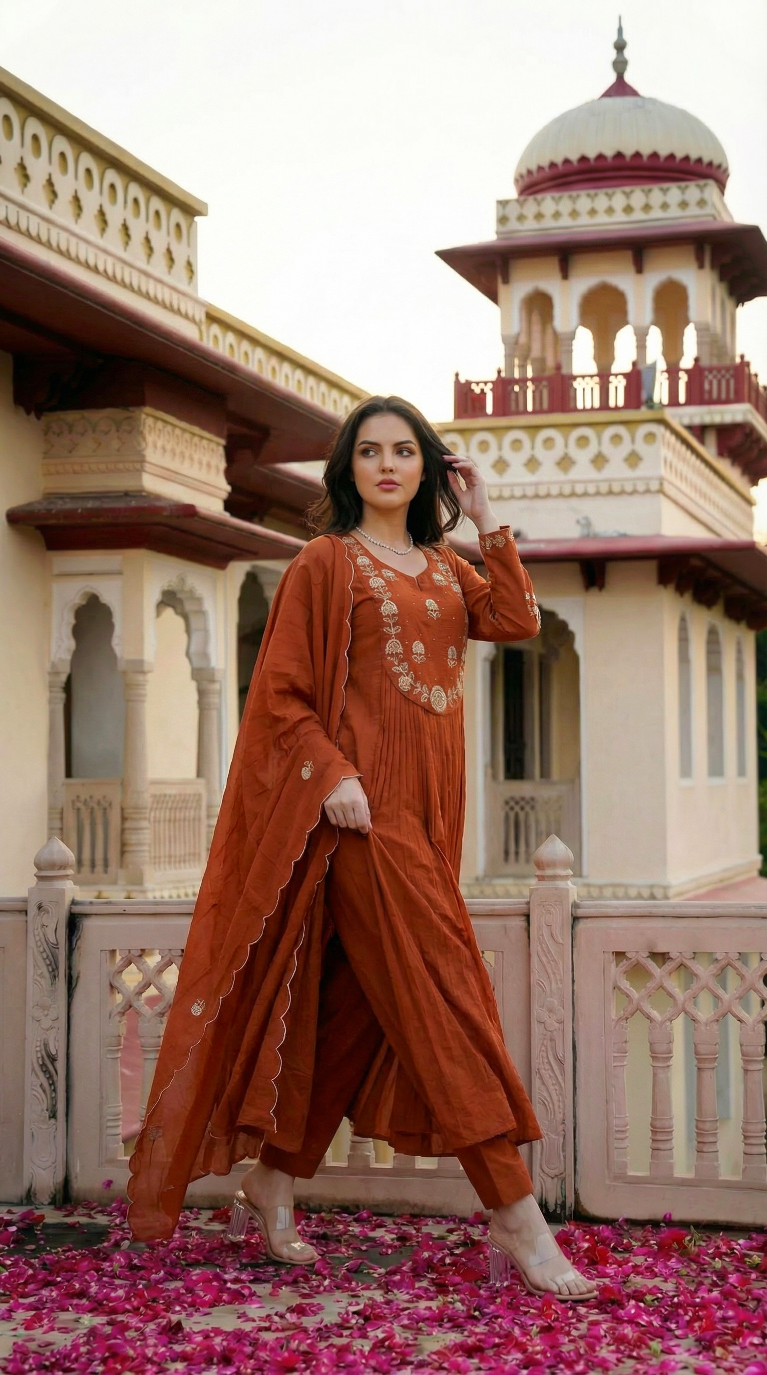 Rust Chanderi Silk Kurta Pant Set With Heavy Thread Embroidery Work