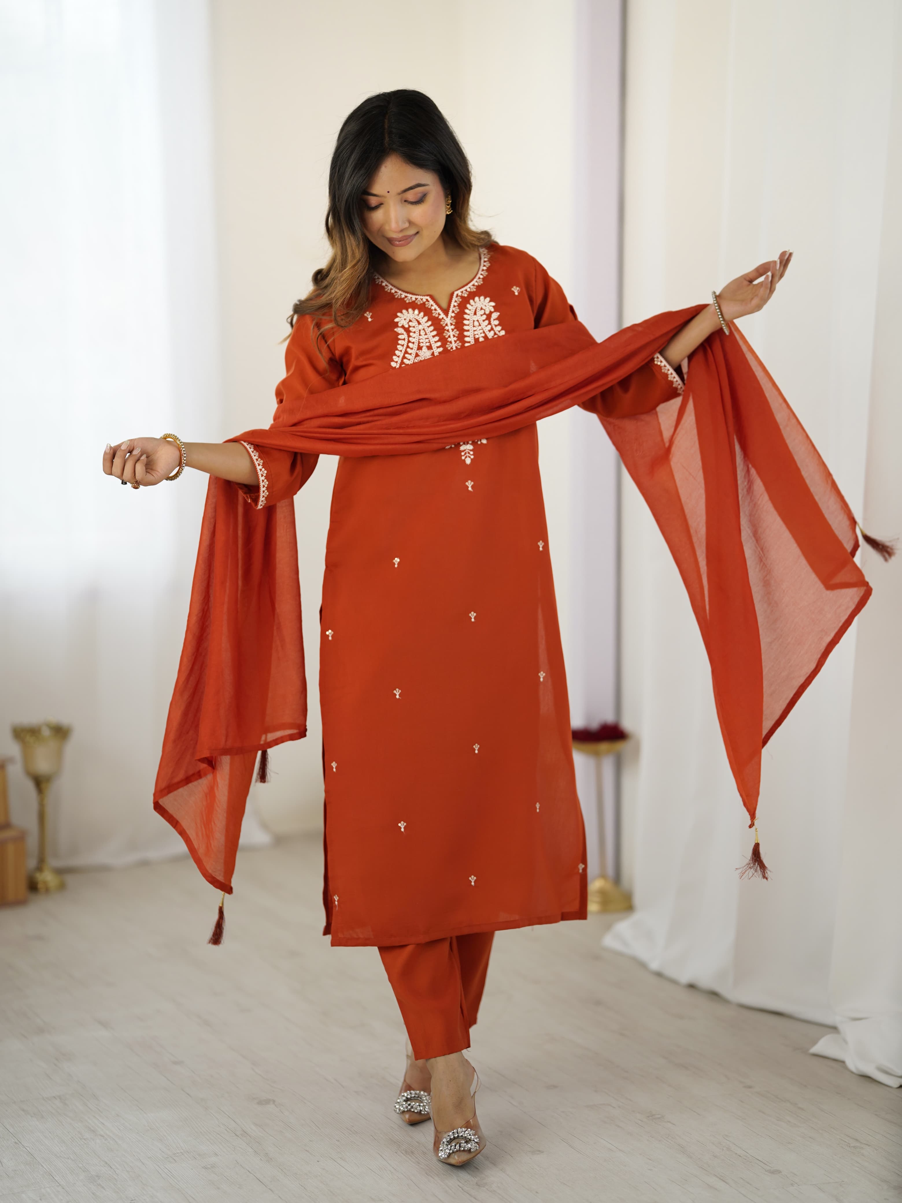 Rust Chanderi Silk Kurta Pant Set With Thread Embroidered With Sequins Work