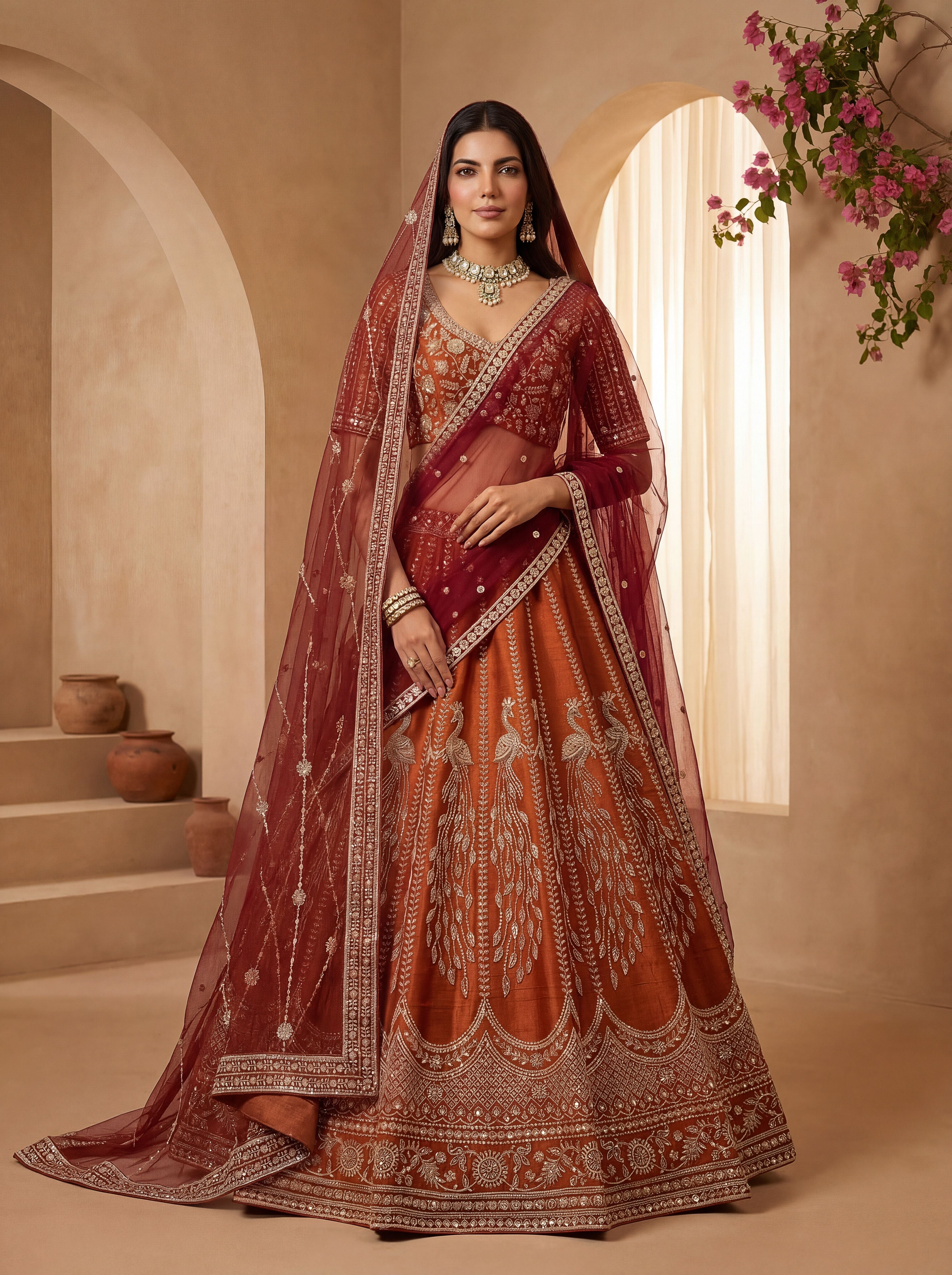 Rust Gadhwal Silk Lehenga Choli With Hand Work With Sequins Heavy Embroidery Work