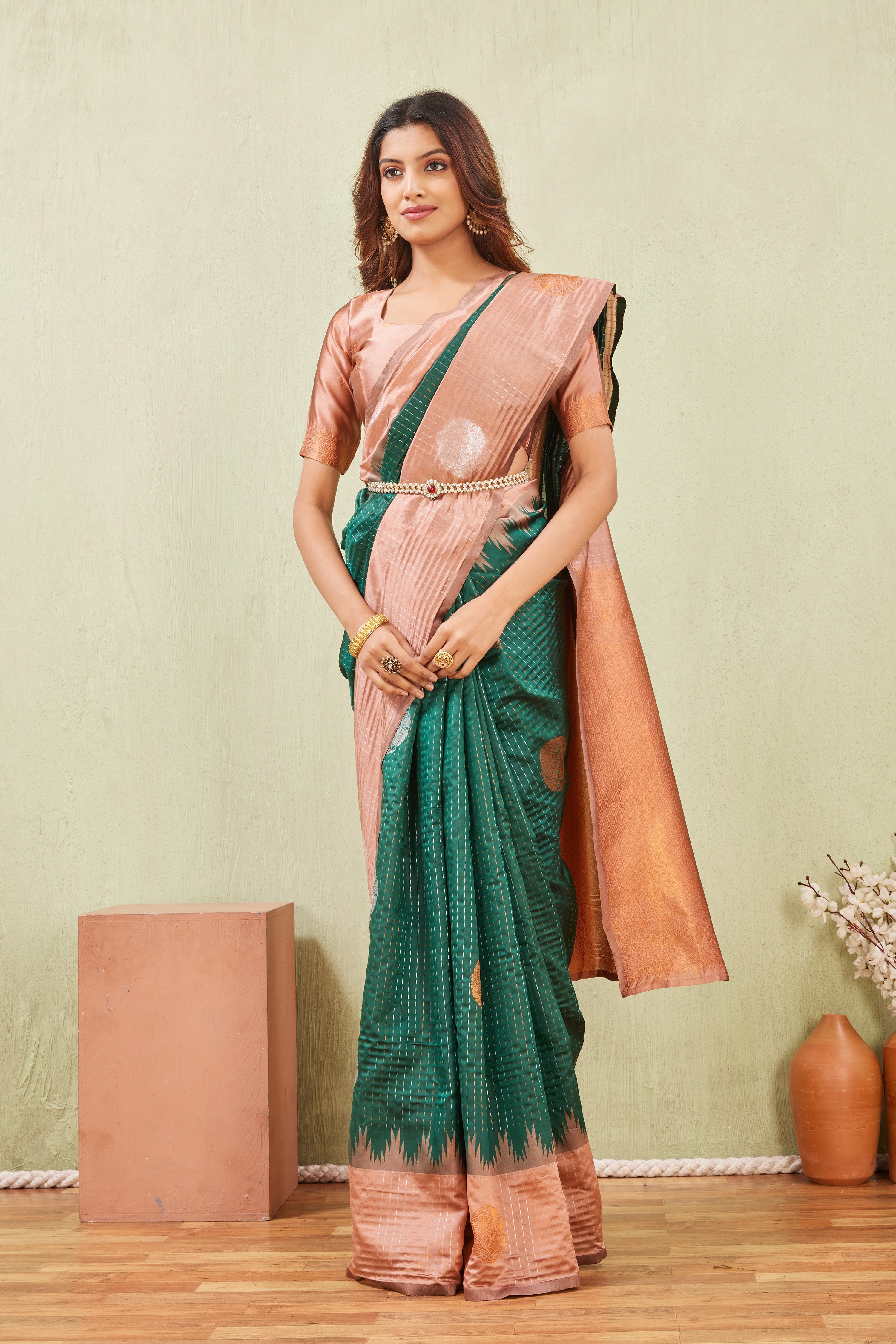 Rust Green Banarasi Silk Saree with Rich Pallu & Elegant Jacquard Jari Work