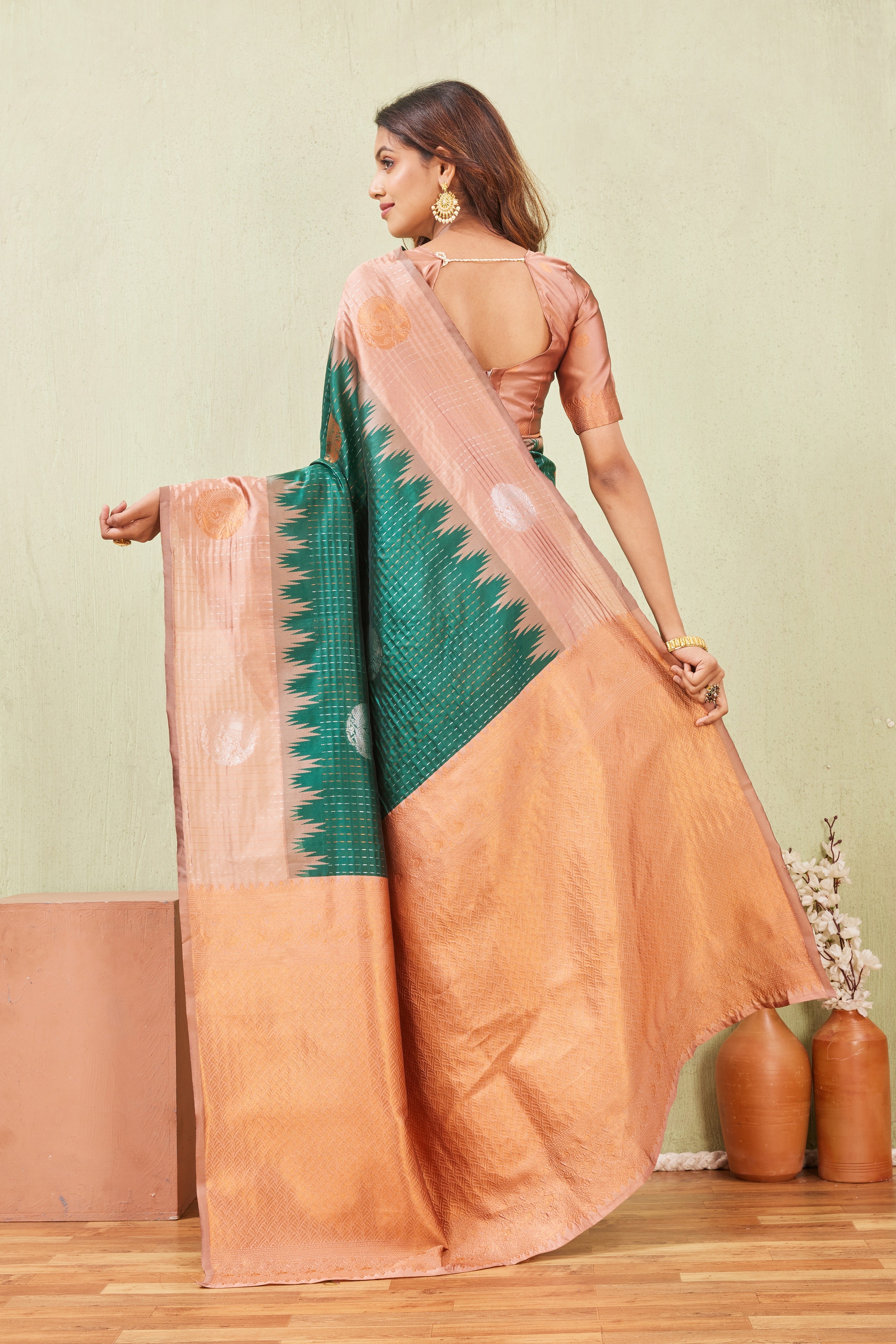 Rust Green Banarasi Silk Saree with Rich Pallu & Elegant Jacquard Jari Work