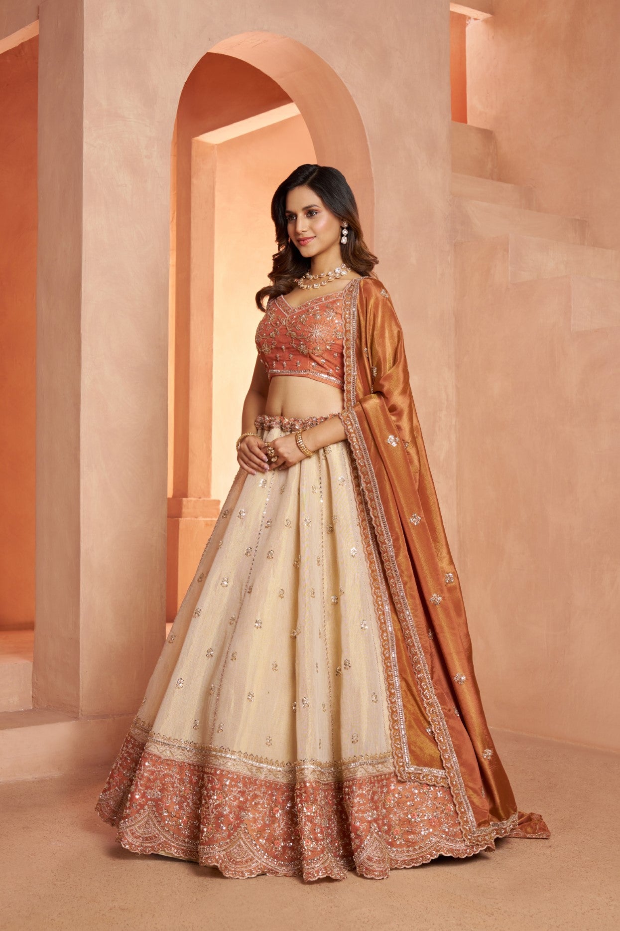 Rust Kanjivaram Tissue Handcrafted Designer Lehenga Choli