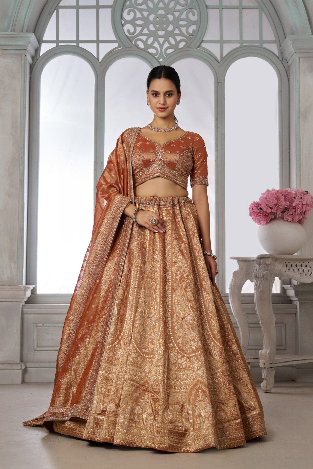 Rust Kanjivaram Tissue Sequin & Bead Embroidered Lehenga Choli
