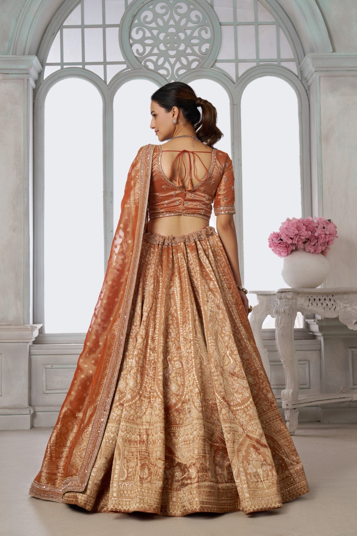 Rust Kanjivaram Tissue Sequin & Bead Embroidered Lehenga Choli
