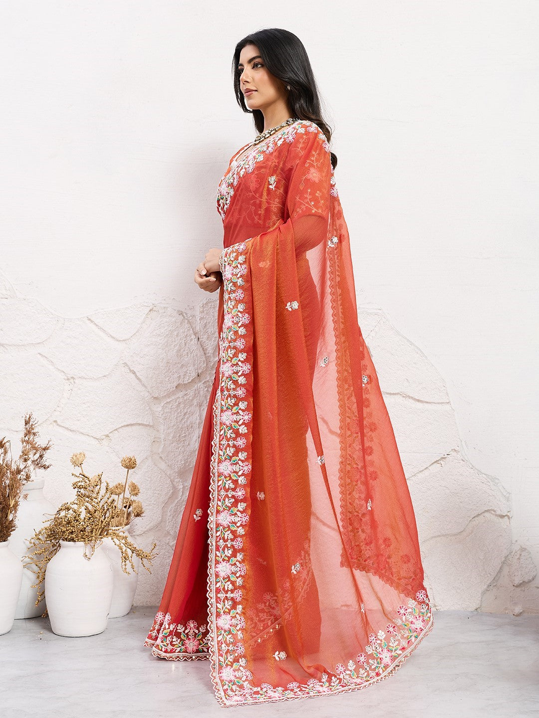 Rust Moss Chiffon Saree With Elegant Embroidery