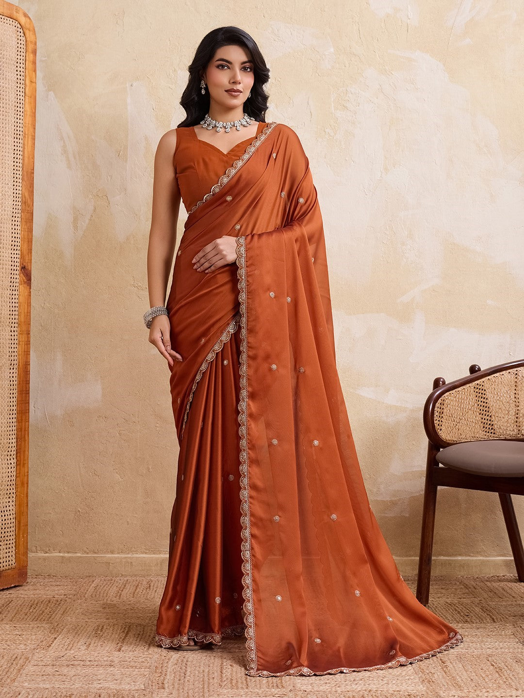 Rust Rangoli Silk Saree With Embroidery Elegant Traditional Saree
