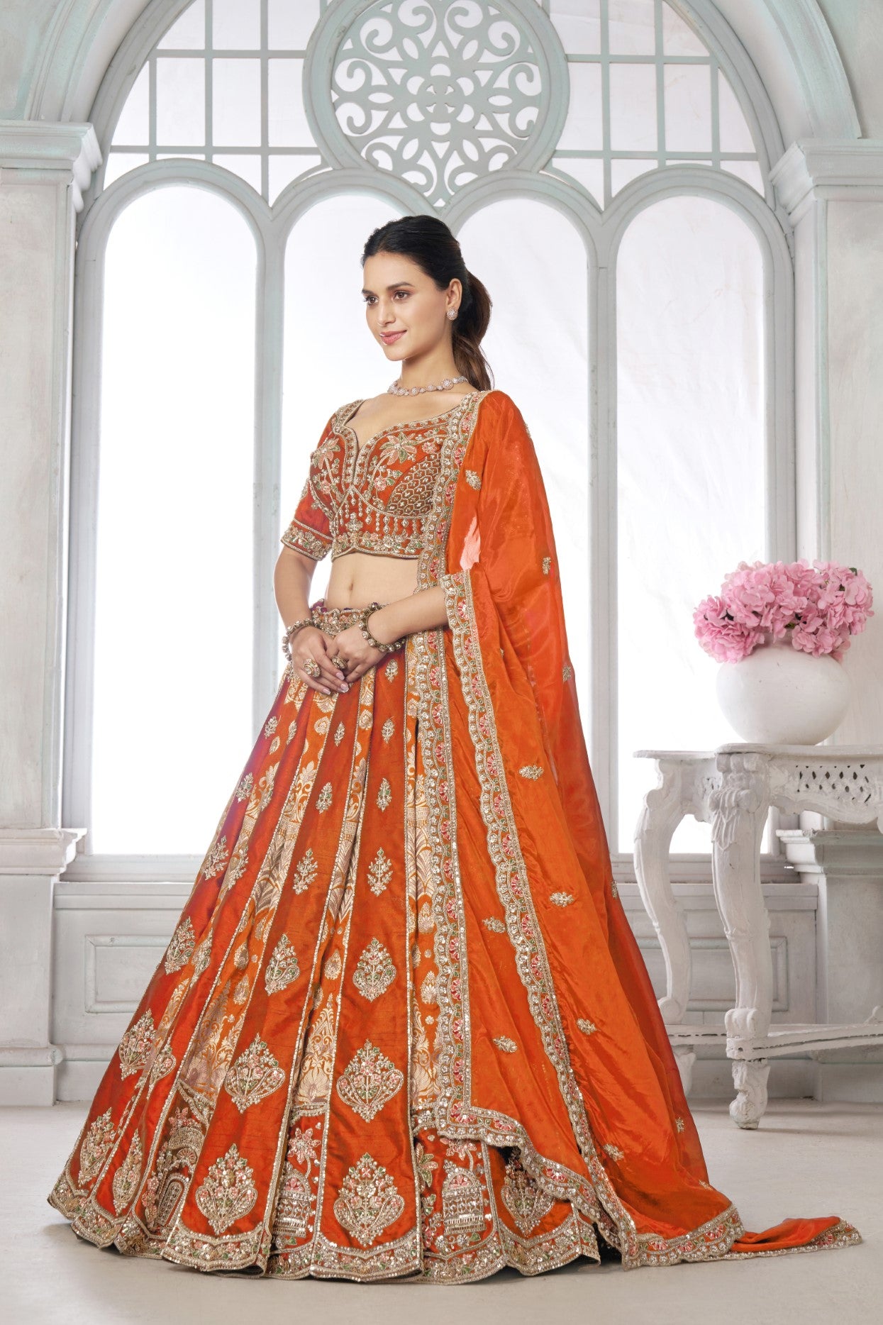 Rust Raw Silk Artisan Embroidered Designer Lehenga Choli
