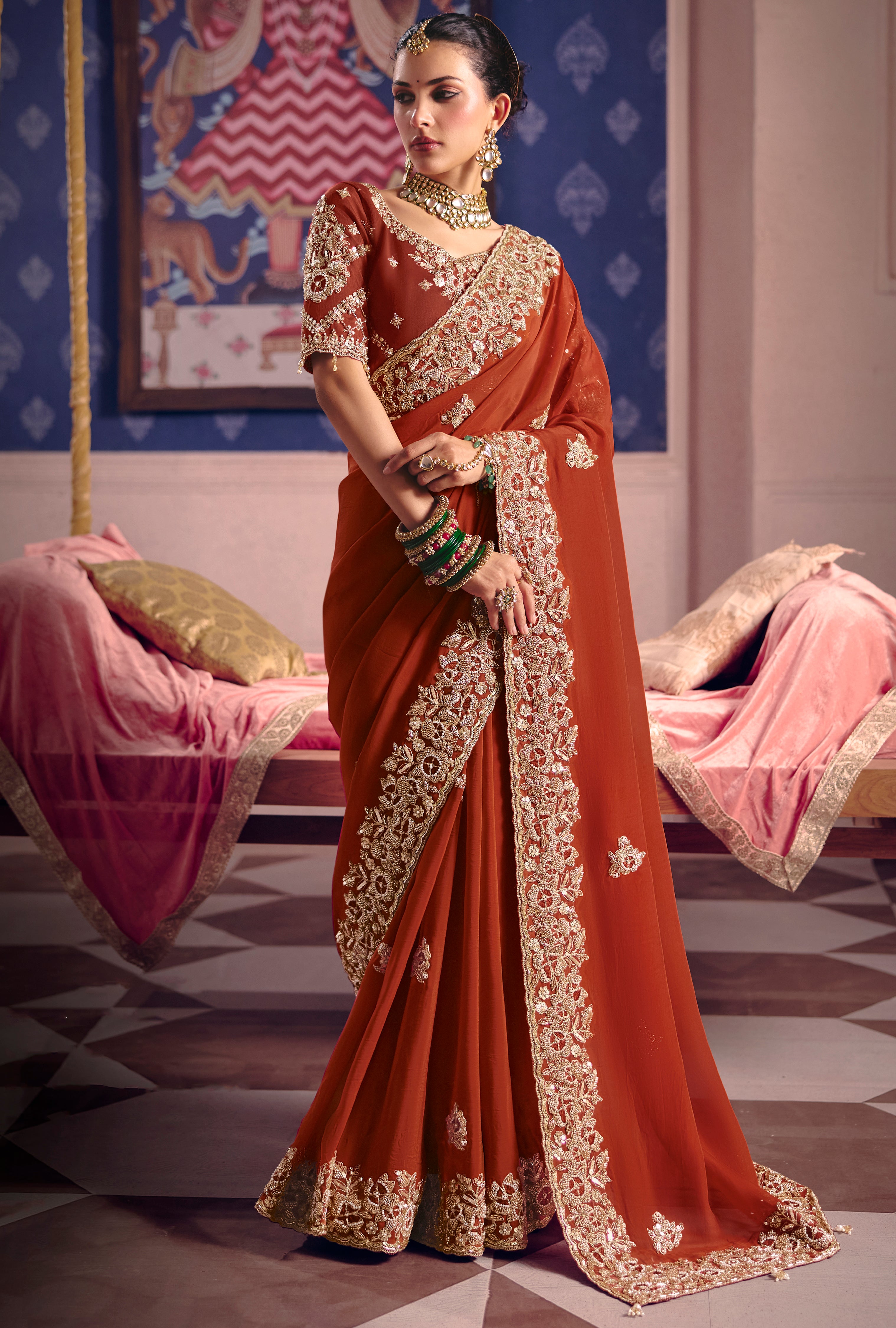 Rust Saree With  Heavy Embroidery, Beads With Sequince Work