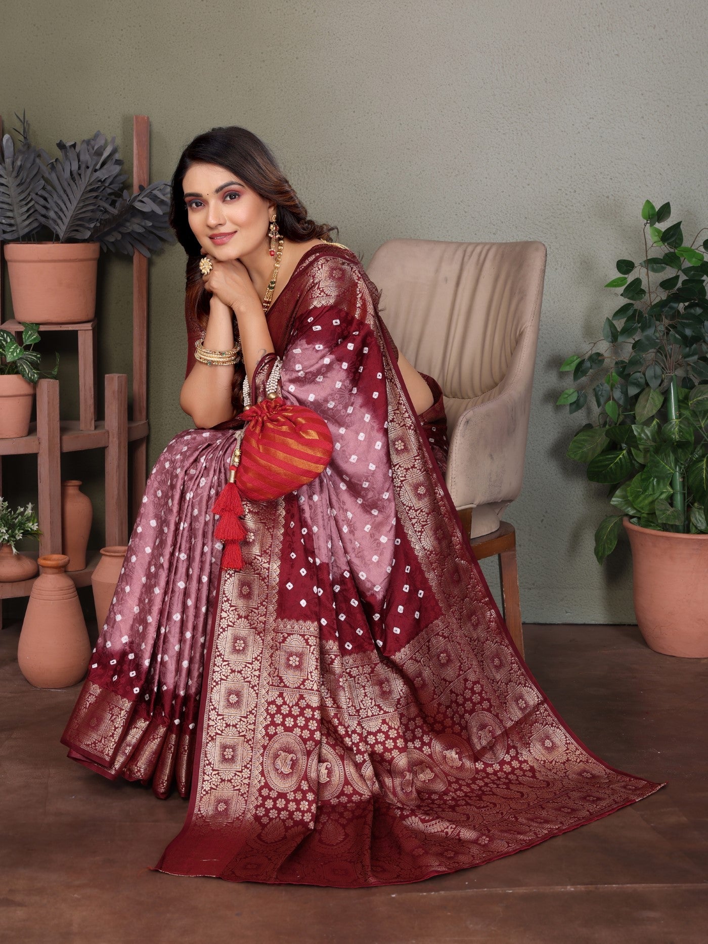 Rust Satin Silk Saree With Traditional Bandhej Zari Weaving