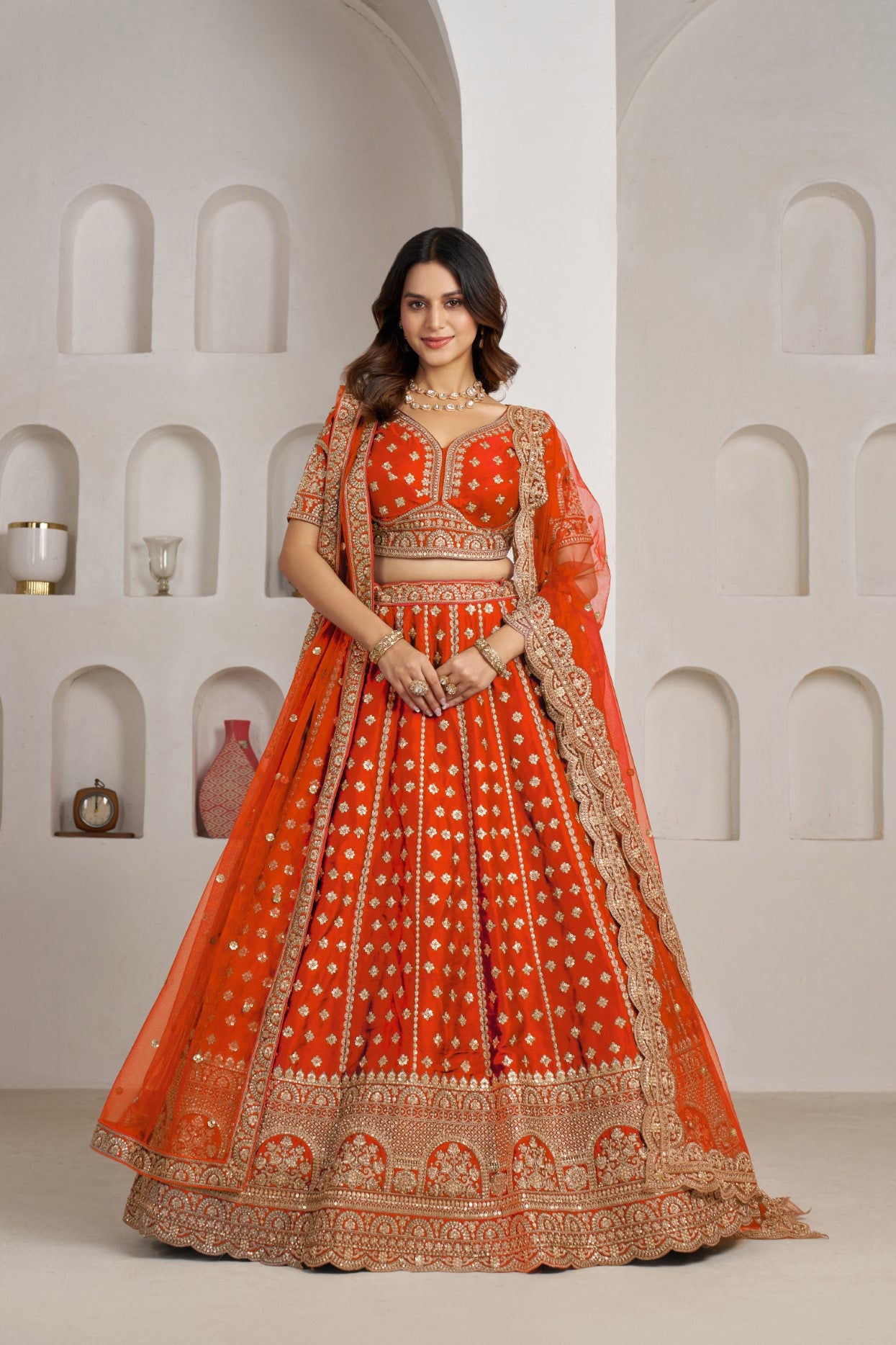 Rust Silk Double Dupatta Designer Bridal Lehenga Collection