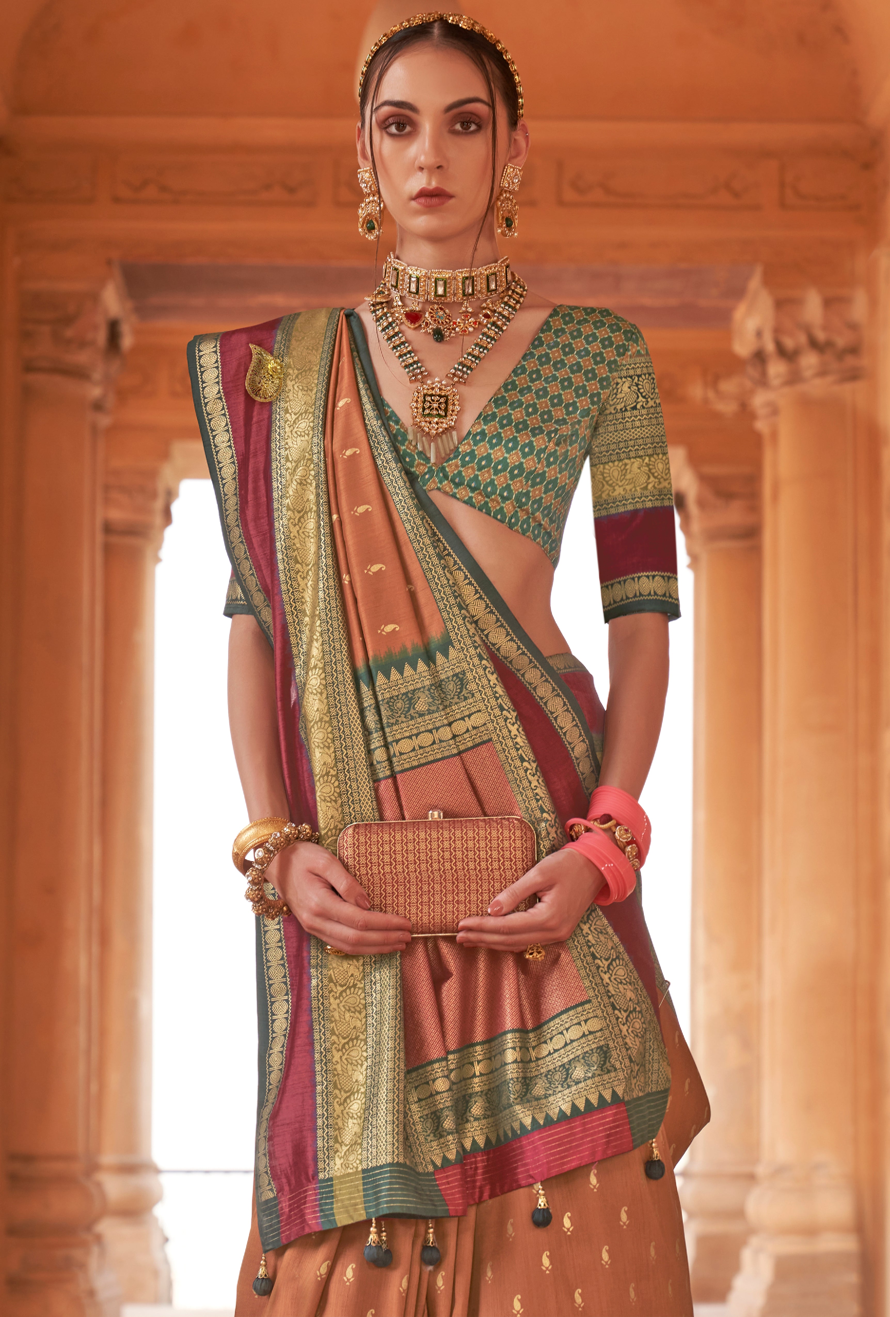 Rust Silk Saree with  Jacquard Woven Work