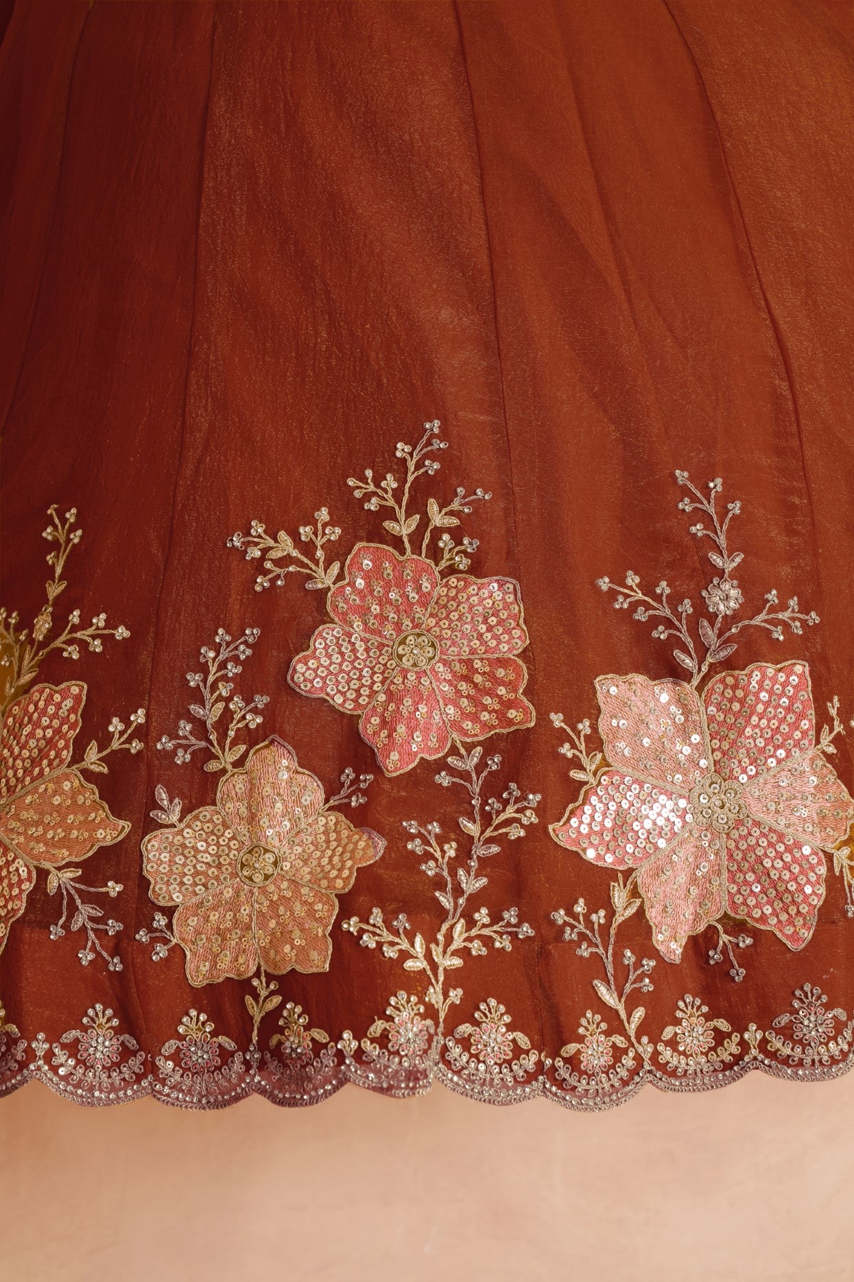 Rust Tissue Luxury Bridal Lehenga Choli with Beads & Sequin Embroidery