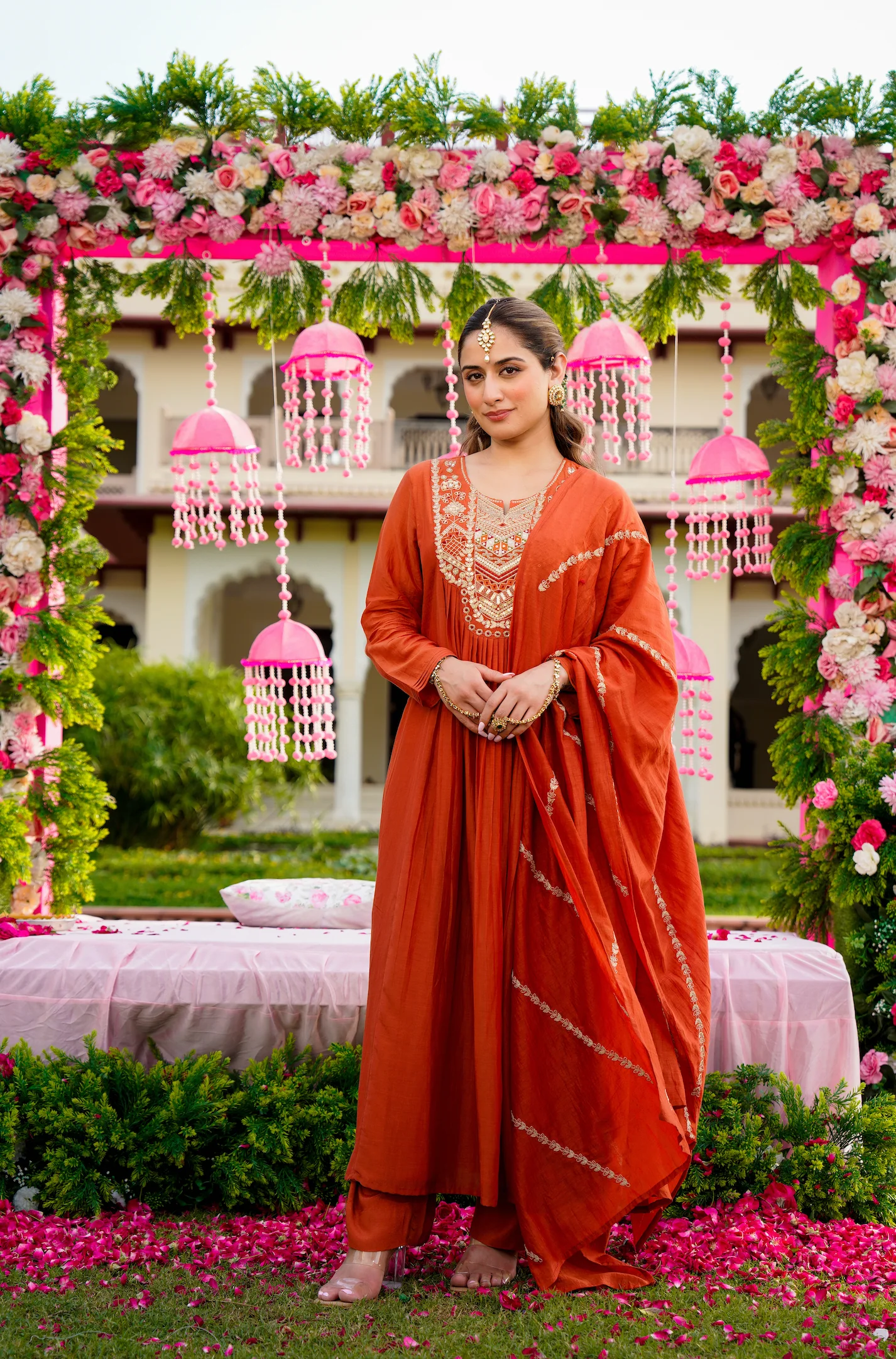 Rust Vichitra Silk Kurta Pant Set With Heavy Thread Embroidery Work