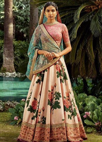 Sabyasachi Pink Rose Digital Floral Print Silk Lehenga Choli