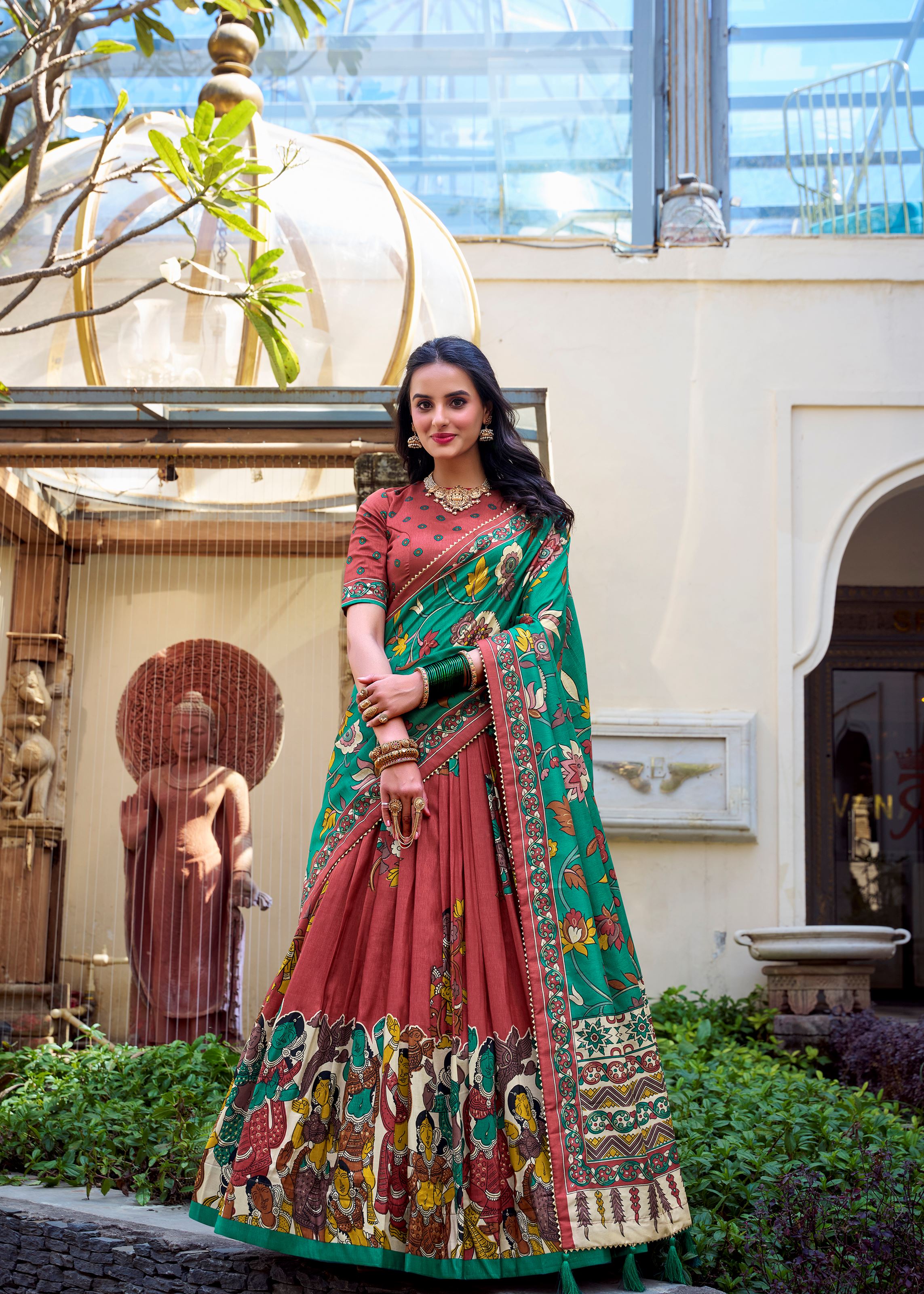 Salmon Elegance Tussar Silk Lehenga with Kalamkari Magic & Gota Patti Glam