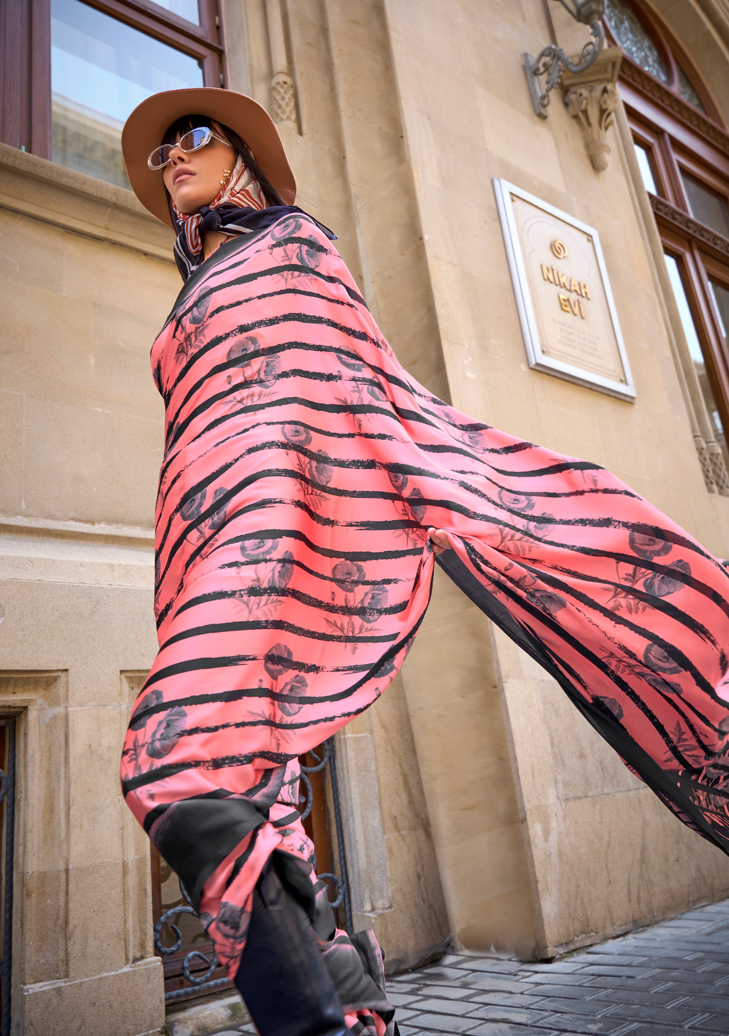 Salmon Japan Satin Crape Saree with  Printed Work