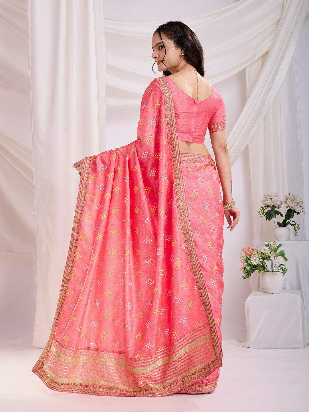 Salmon Pink Beautiful Bandhej Printed With Embroidery Work Vichitra Silk Saree