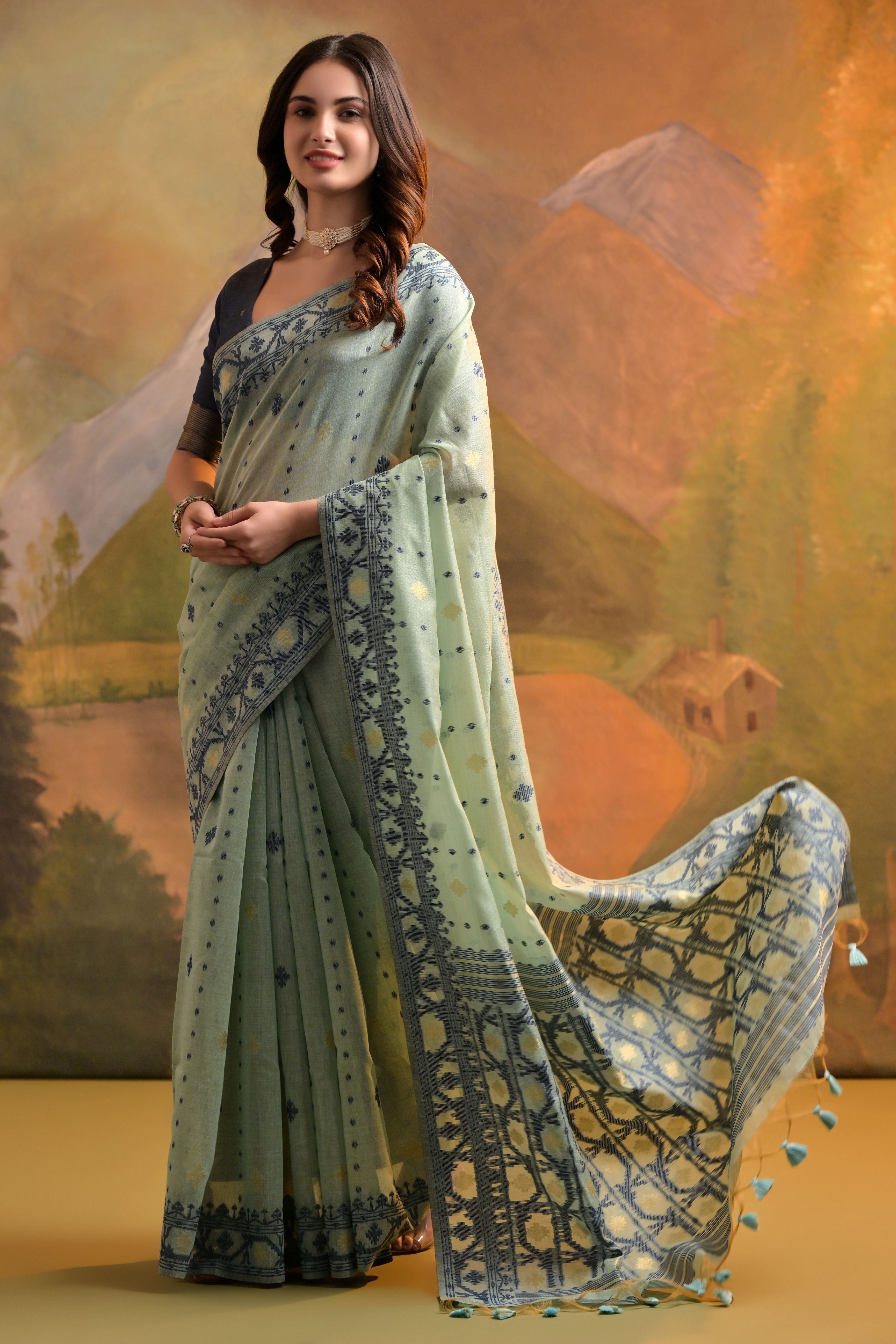 Sea-Green Muga Cotton Saree with Thread Butti Weaves