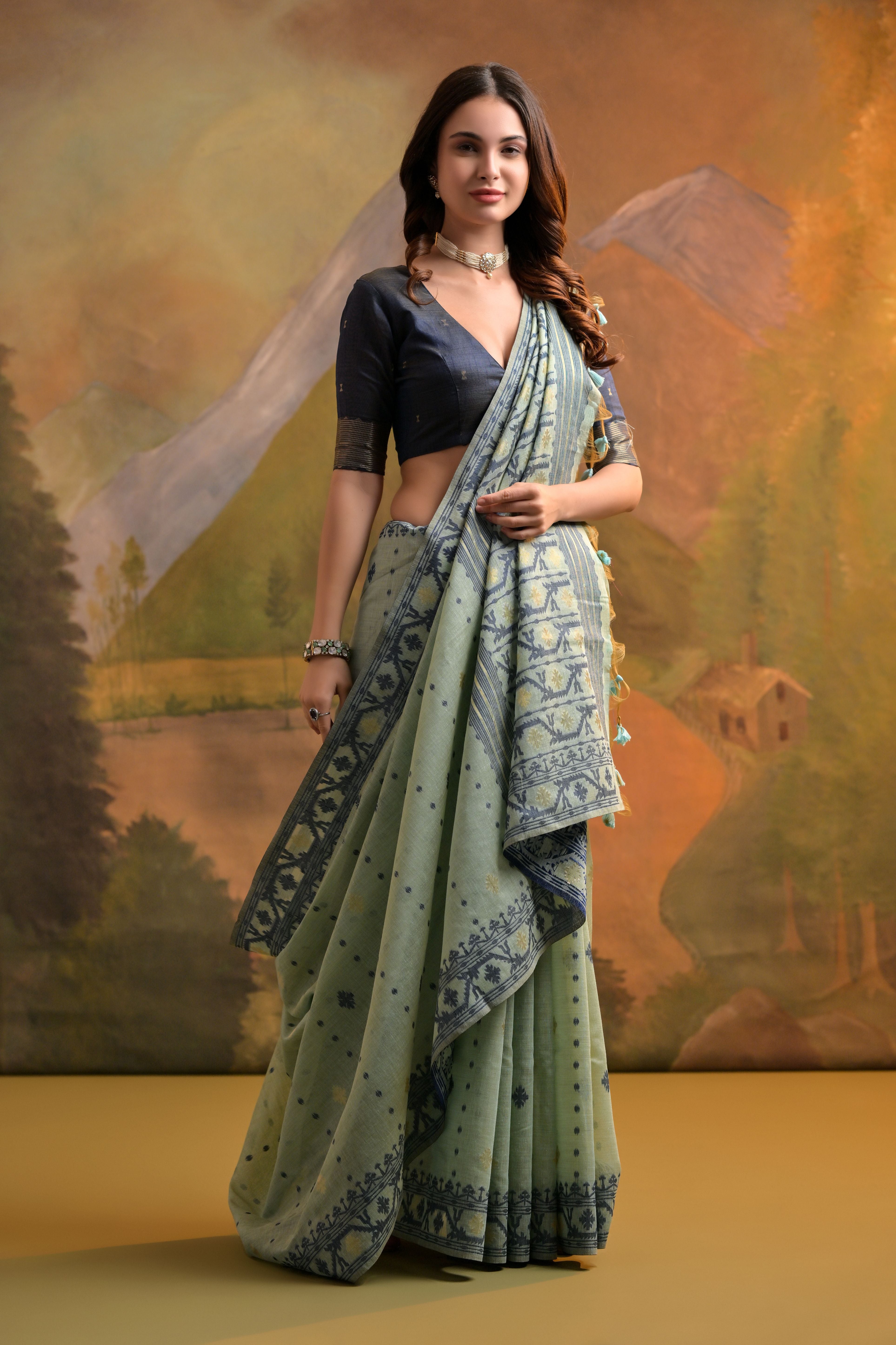 Sea-Green Muga Cotton Saree with Thread Butti Weaves
