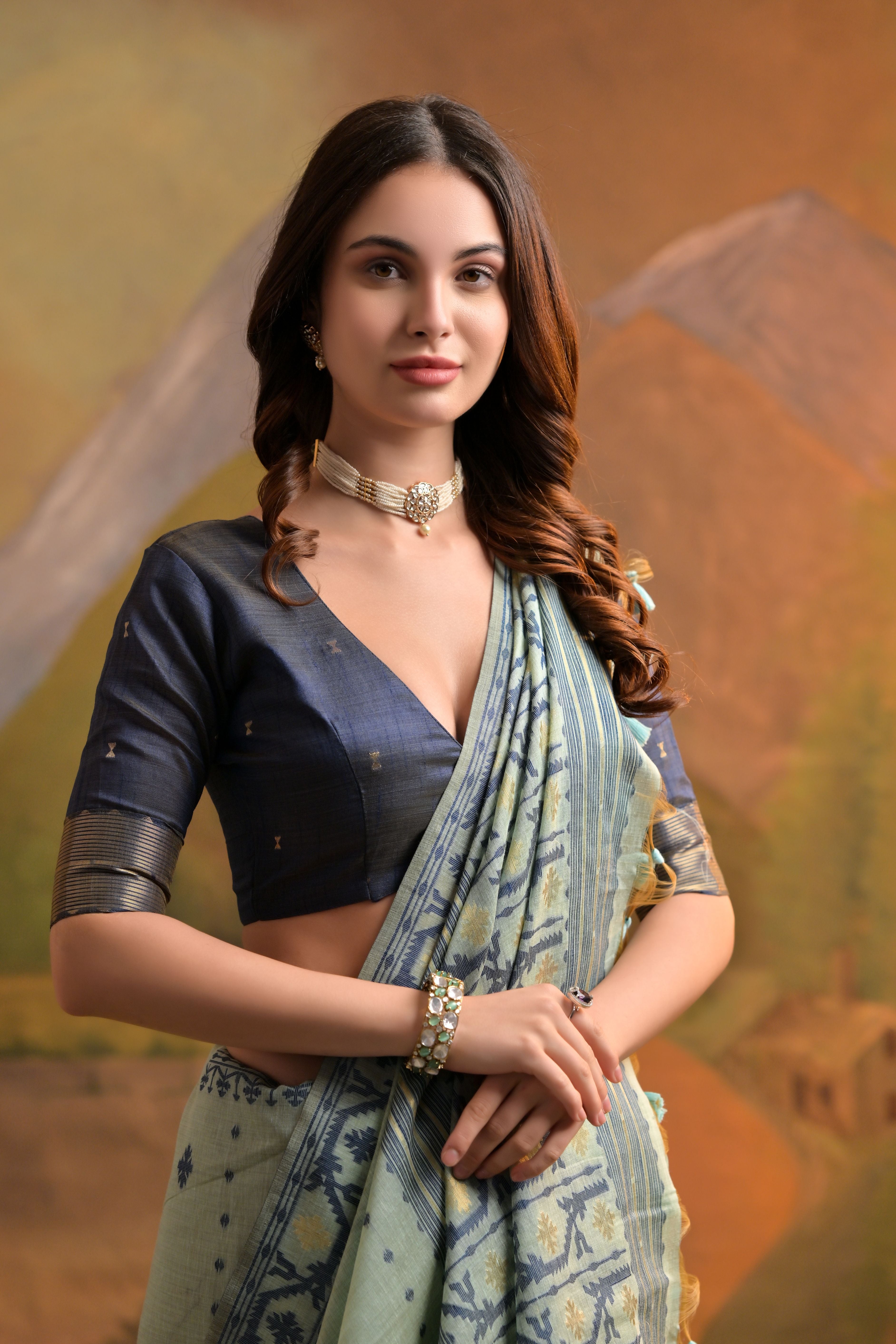 Sea-Green Muga Cotton Saree with Thread Butti Weaves
