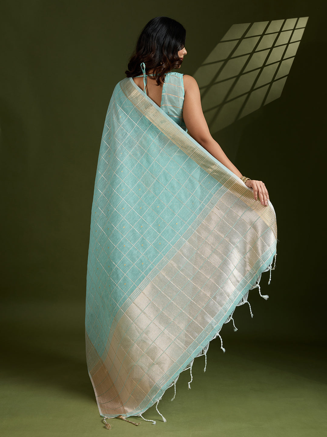 Sea-Green Soft Silk Saree with Checks and Zari Pallu