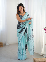 Sea Green Beautiful Chinon Smart Printed Festive Wear Ceremonial Saree