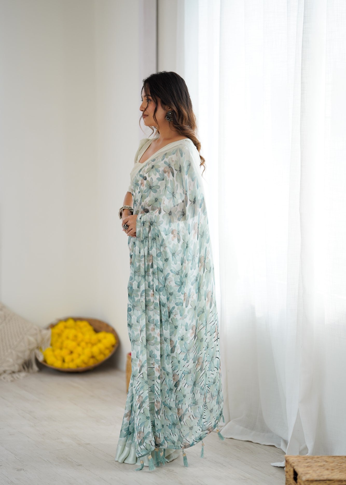 Sea Green Bright Moss Satin Patta Saree With Printed Design