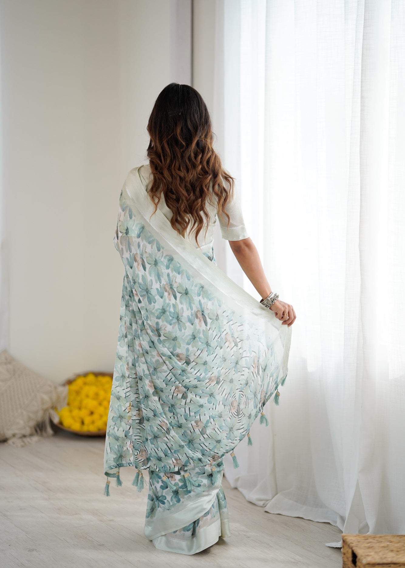 Sea Green Bright Moss Satin Patta Saree With Printed Design