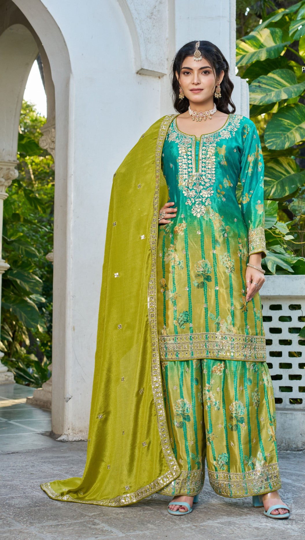 Sea Green Chinon Designer Suit Set With Embroidered Elegance