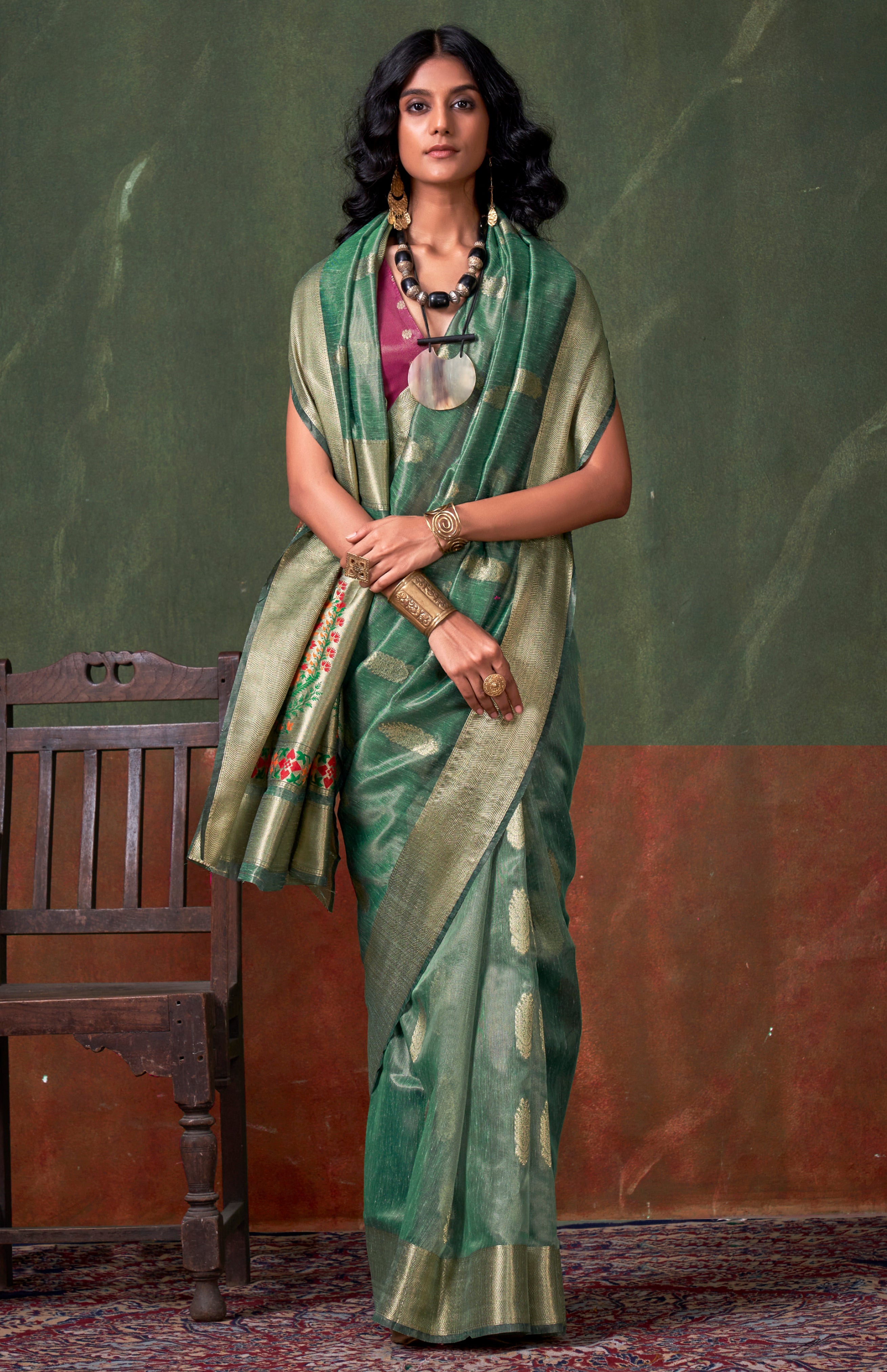 Sea Green Color Tissue Silk Saree With  Jacquard Woven Work