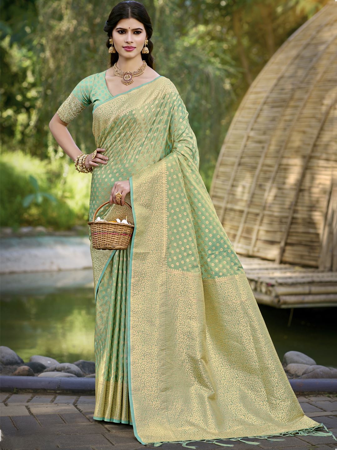 Sea Green Color Woven Soft Silk Saree