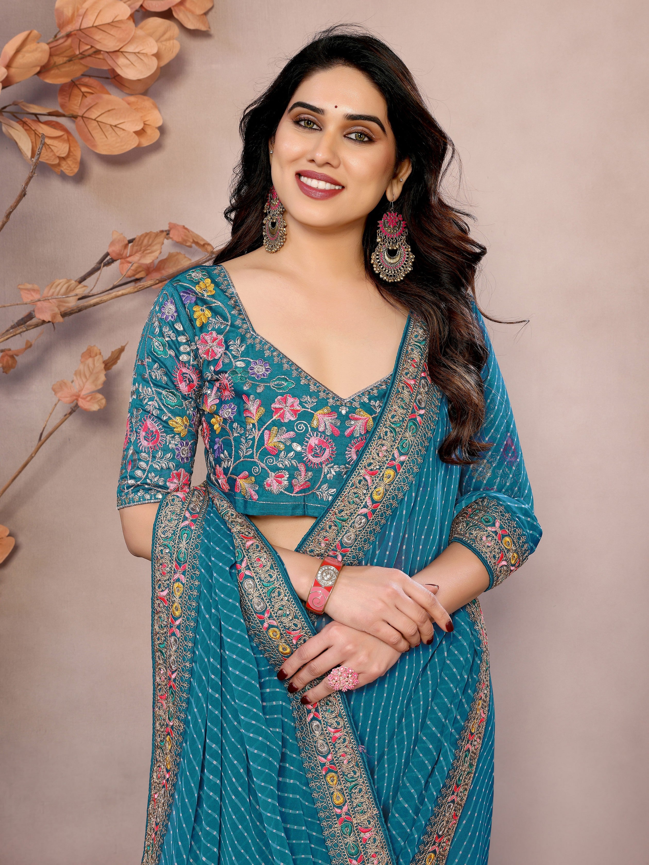 Sea Green Georgette Designer Embroidered Traditional Leheria Saree