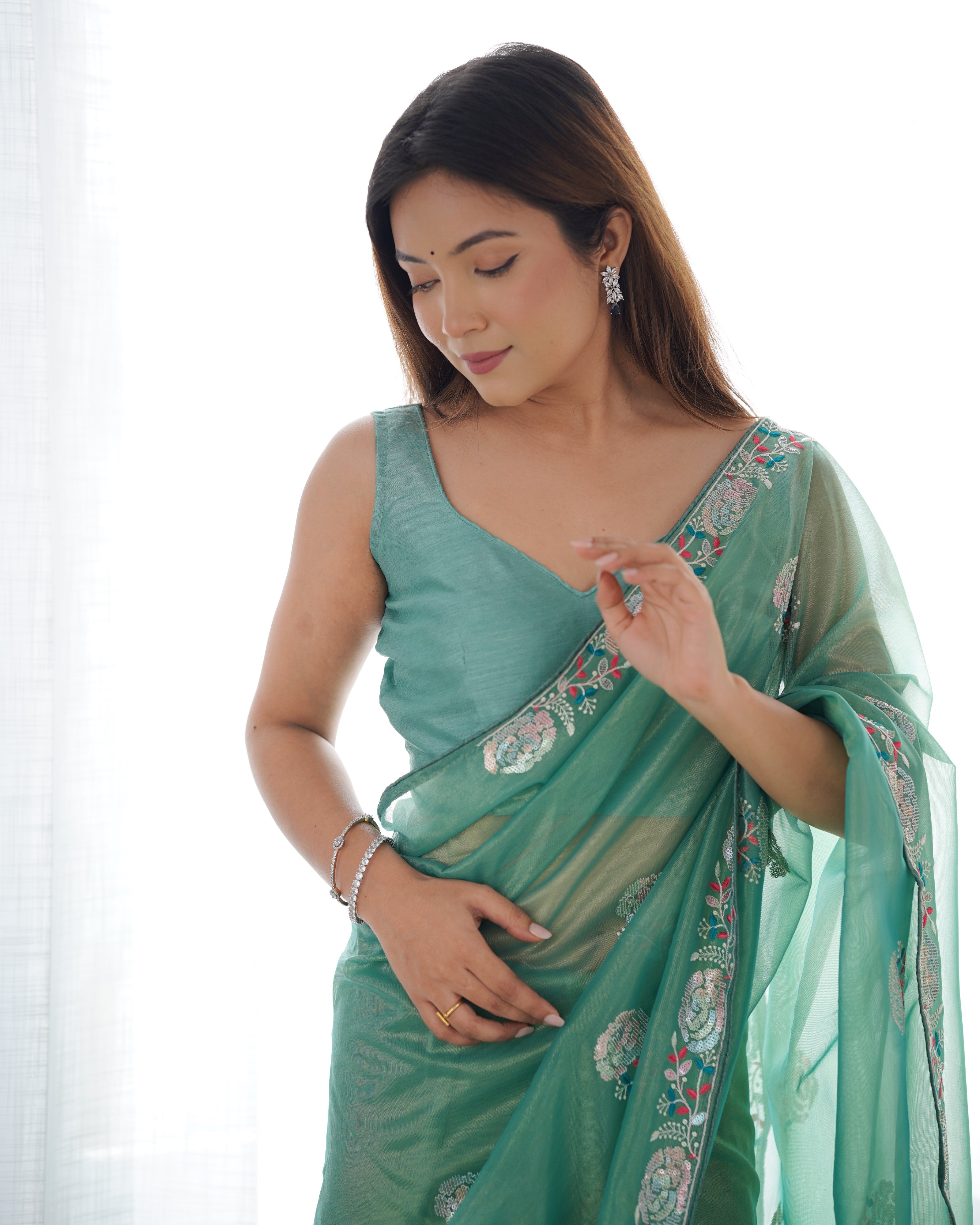 Sea Green Gold Twill Net Fancy Partywear Embroidered Saree