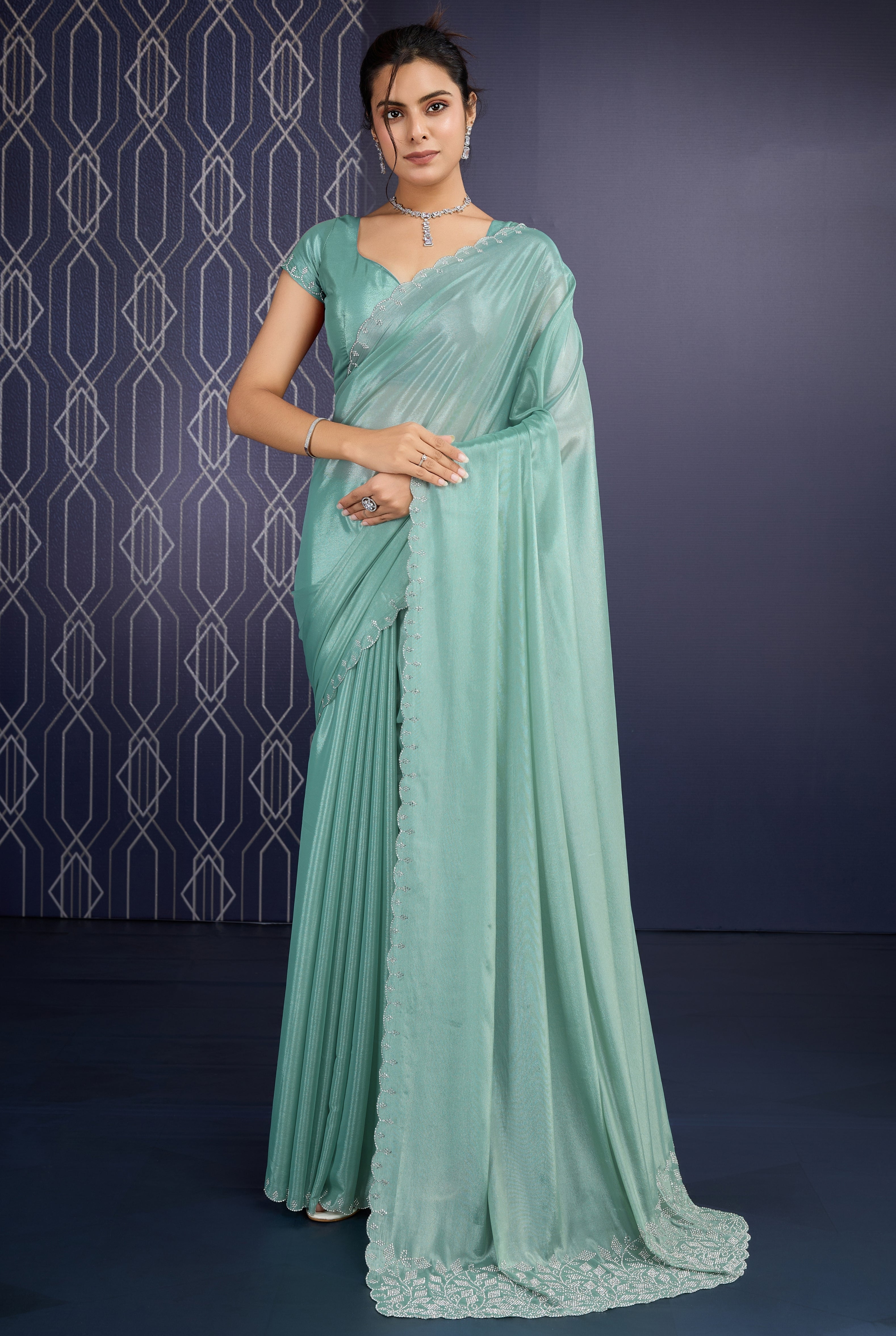 Sea Green Ice Georgette Saree with Premium Diamond Handwork
