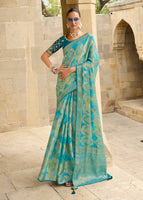 Sea Green Jacquard Silk Woven Saree With Embroidered Blouse