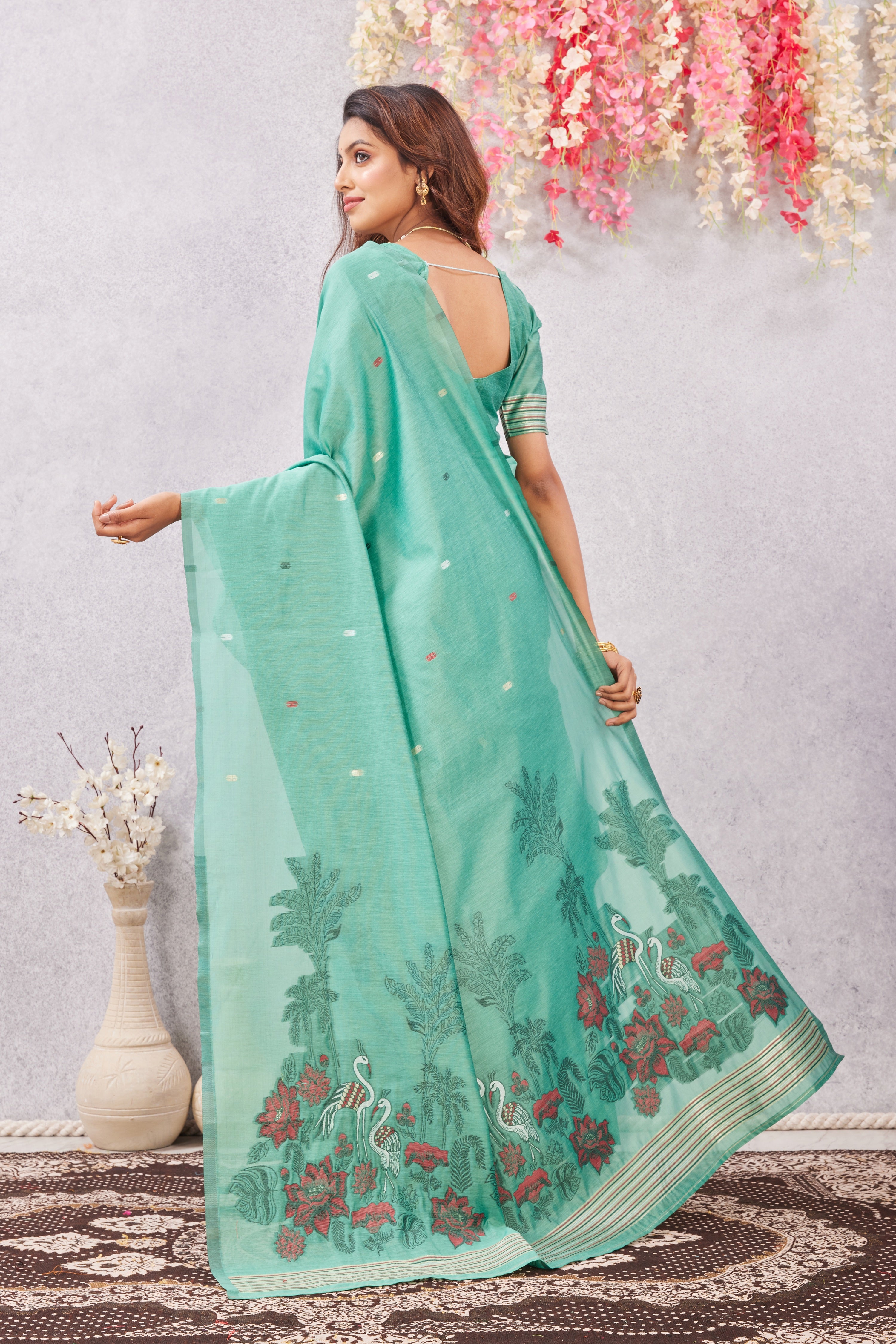 Sea Green Linen Cotton Saree with Ethnic Motif Design & Rich Jacquard Pallu