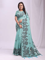 Sea Green Linen Cotton Woven Thread Designer Festive Sophisticated Saree