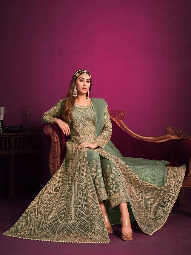 Sea Green Net Heavy Thread Embroidery, Zari With Sequins Work  Anarkali Suits