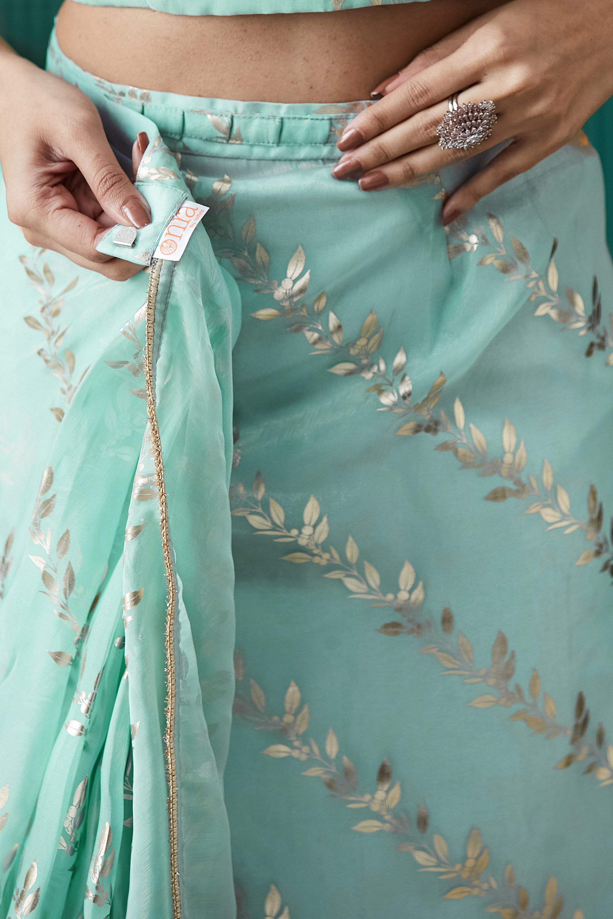 Sea Green Organza Designer Foil Printed Ready To Wear Saree