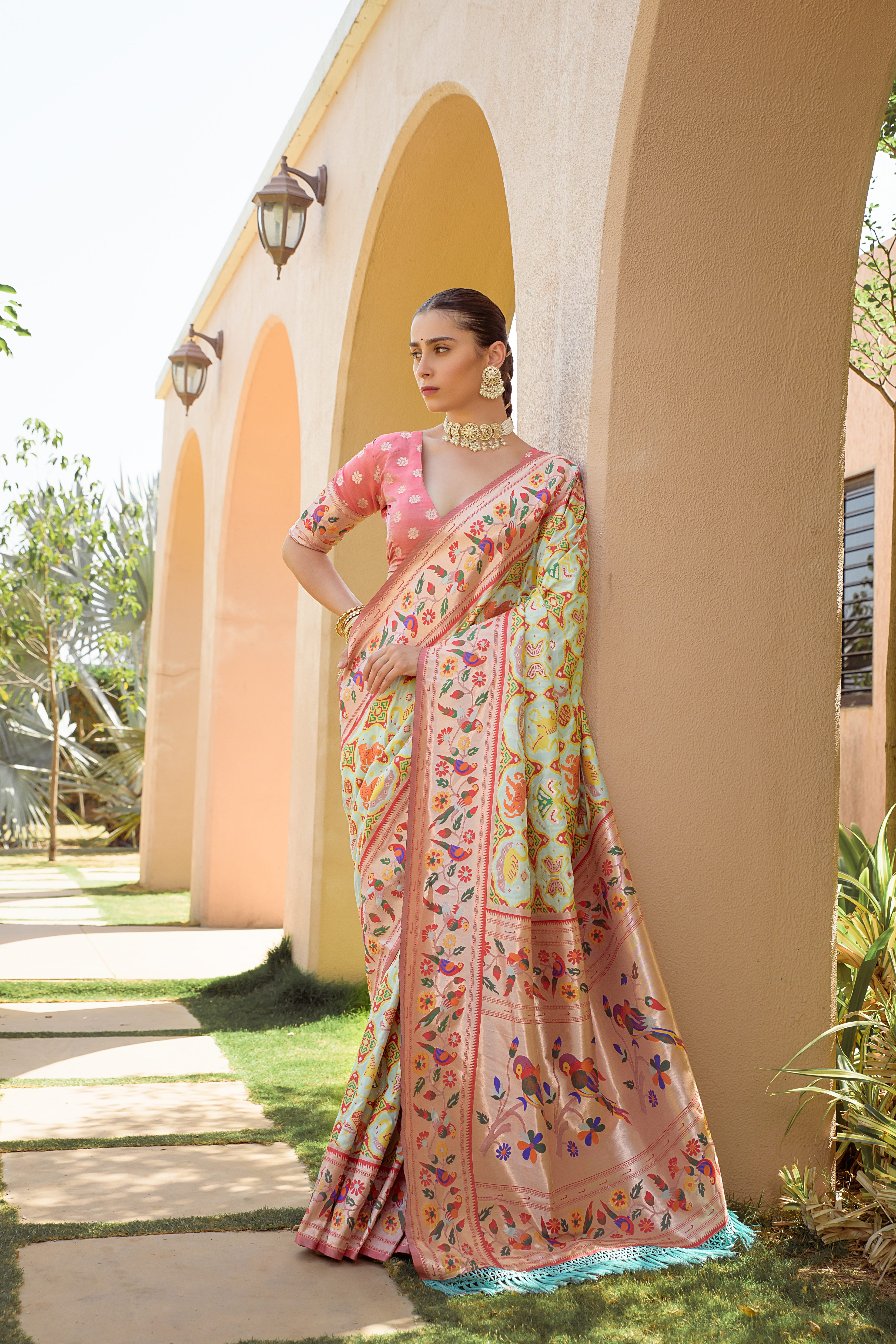 Sea Green Paithani Silk Saree with Meenakari Zari and Pallu