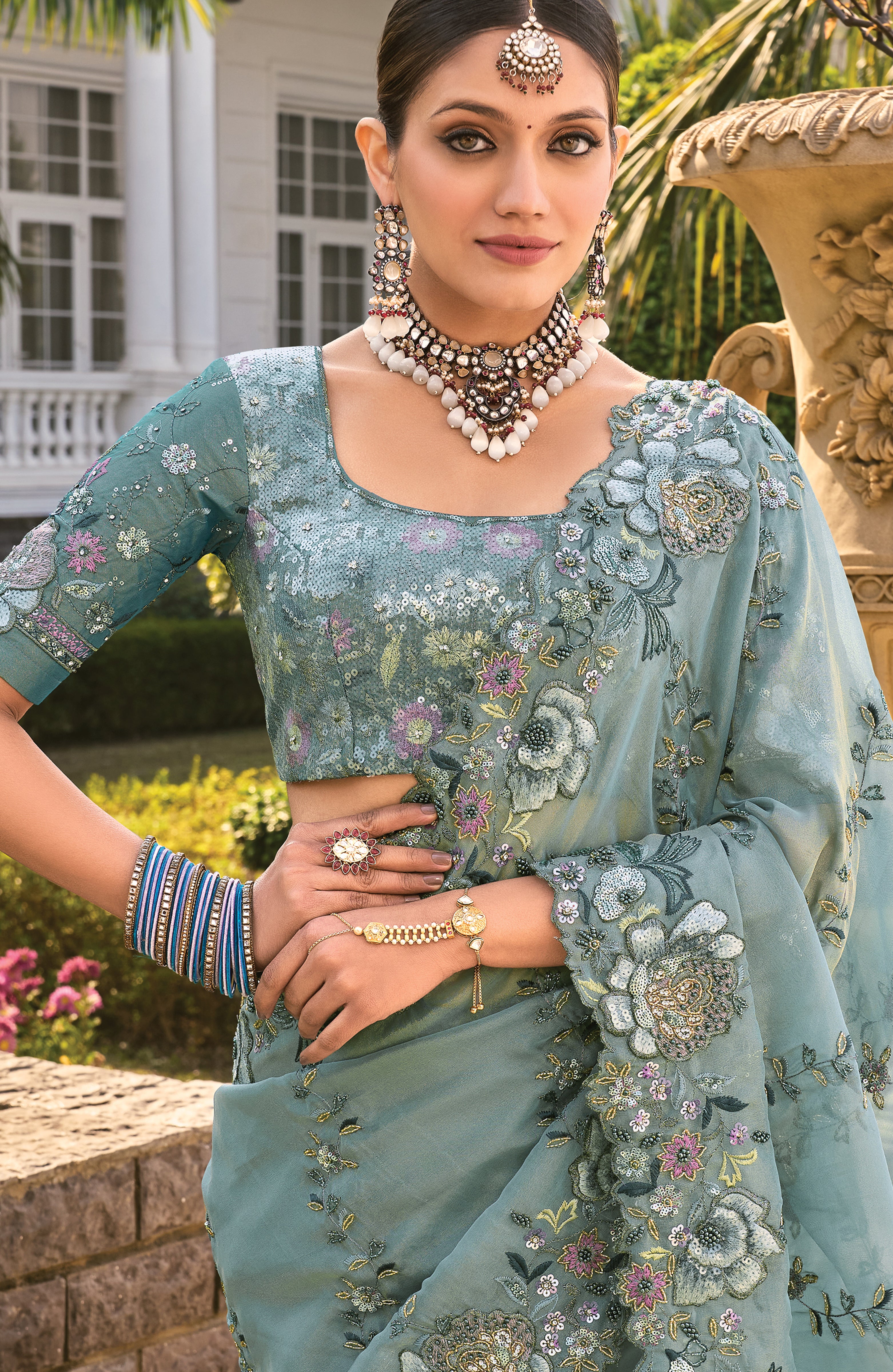 Sea Green Pure Organza Saree With Embroidery Work