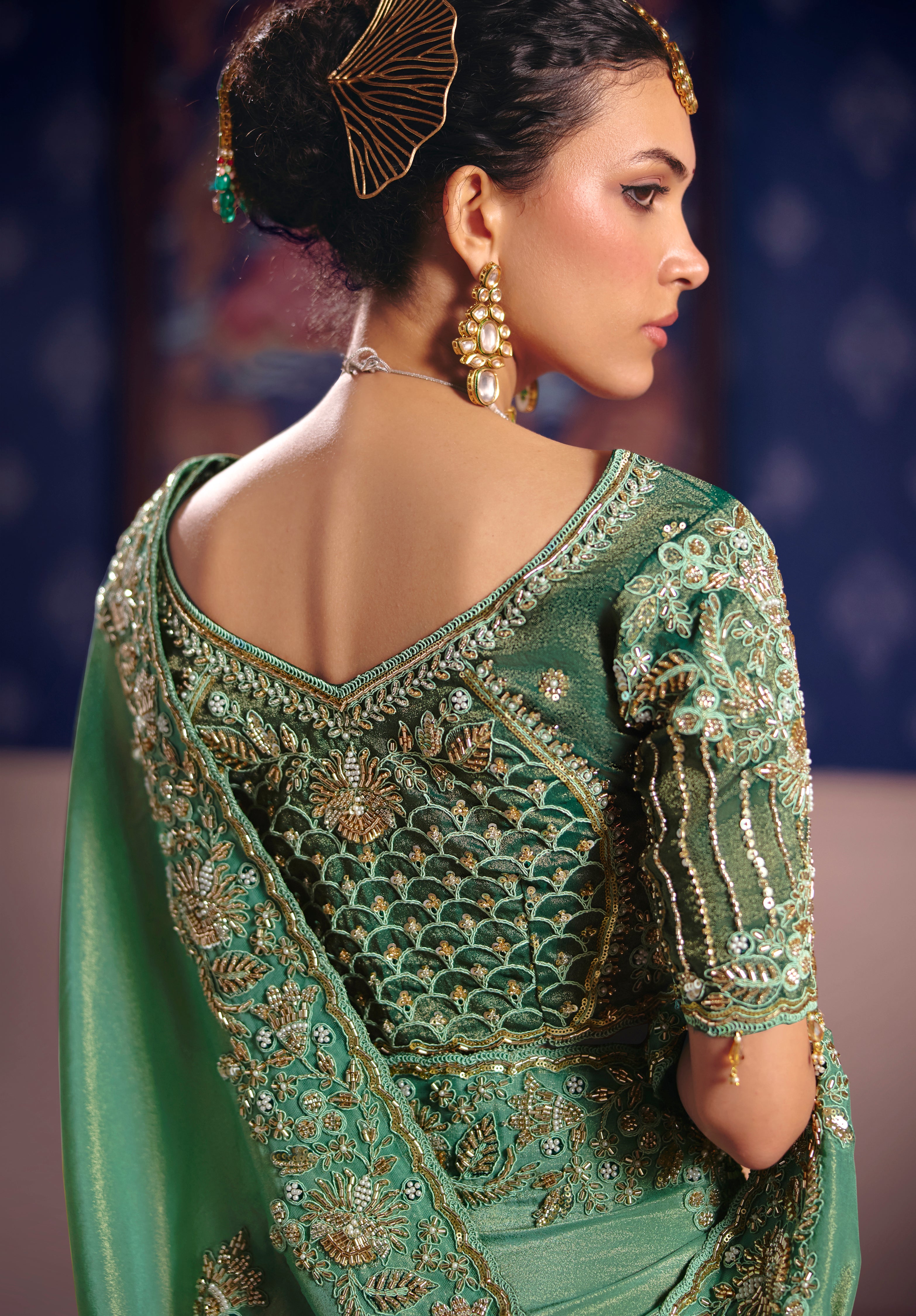 Sea Green Saree With  Heavy Embroidery, Beads With Sequince Work