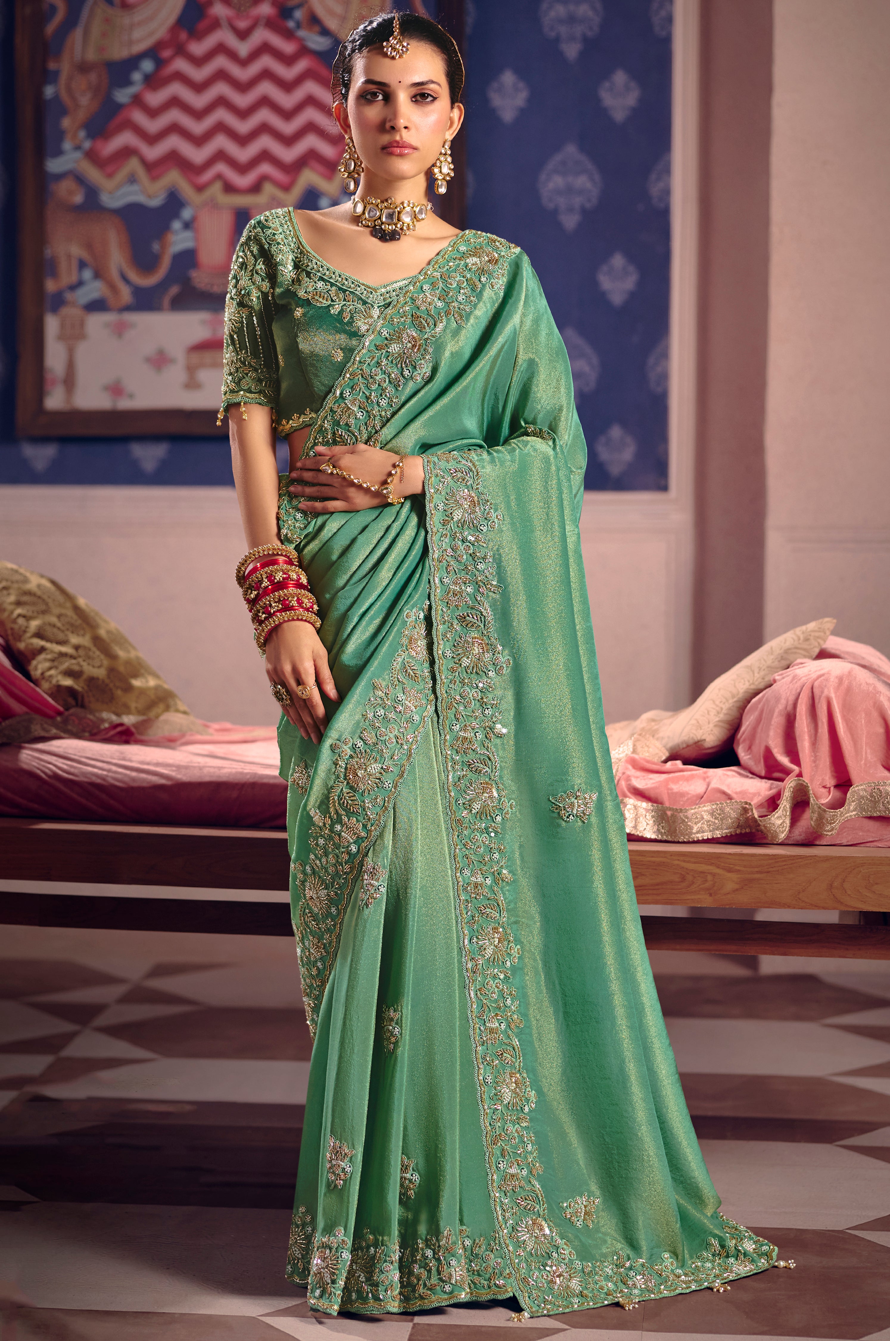 Sea Green Saree With  Heavy Embroidery, Beads With Sequince Work