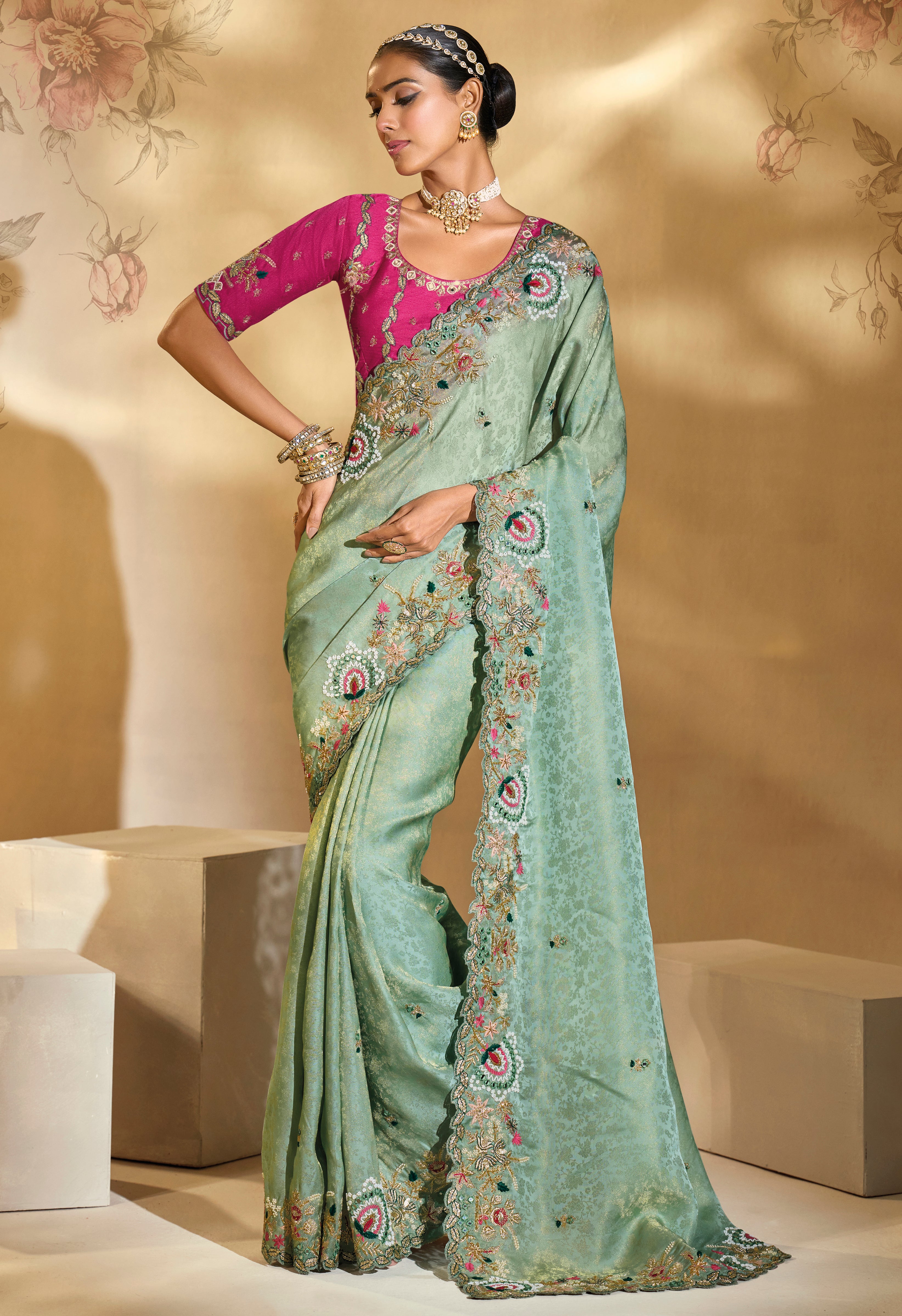 Sea Green Saree With  Jari, Thread, Moti, Cut-Dana With Mirror Heavy Work