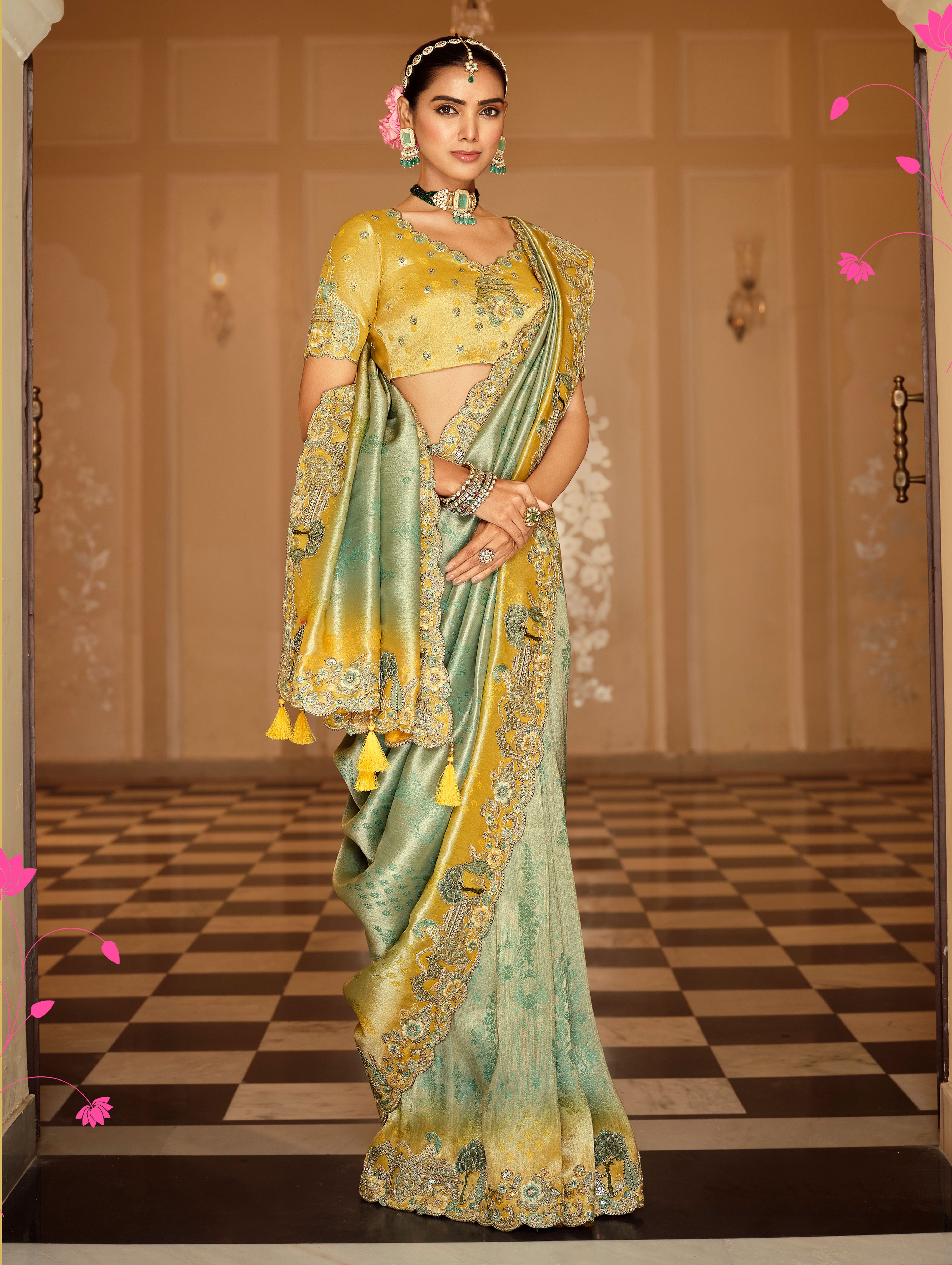 Sea Green Saree With  Zari weaving With Heavy Thread Embroidery With khatli work
