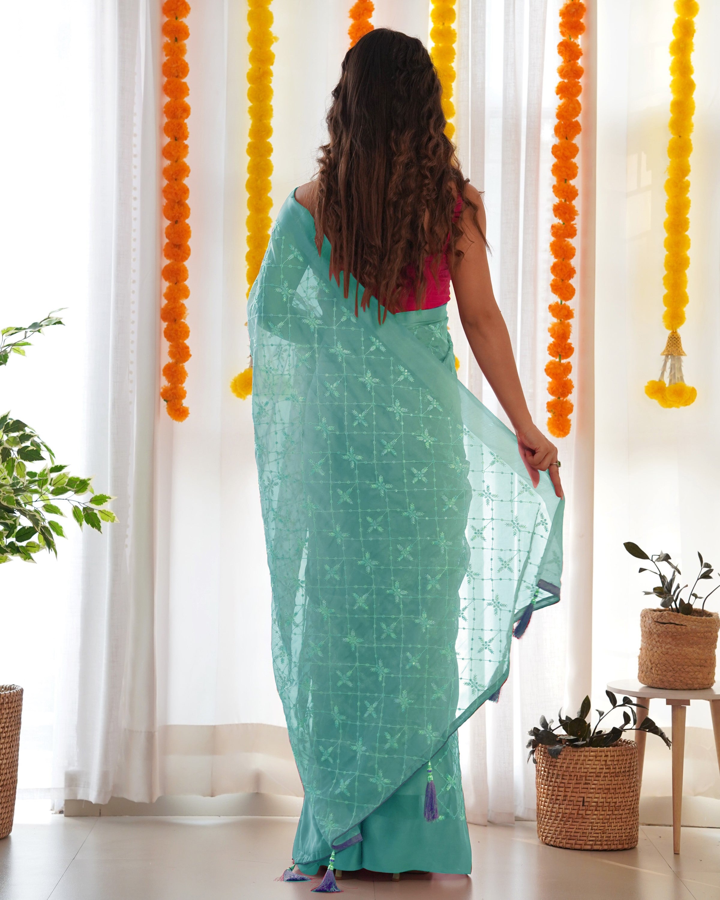 Sea Green Satin Georgette Fabric Designer Sequins Embroidery Work Ethnic Partywear Saree