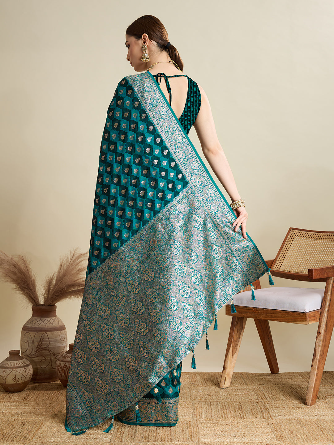 Sea Green Satin Silk Woven Jari Designer Graceful Ethnic Saree