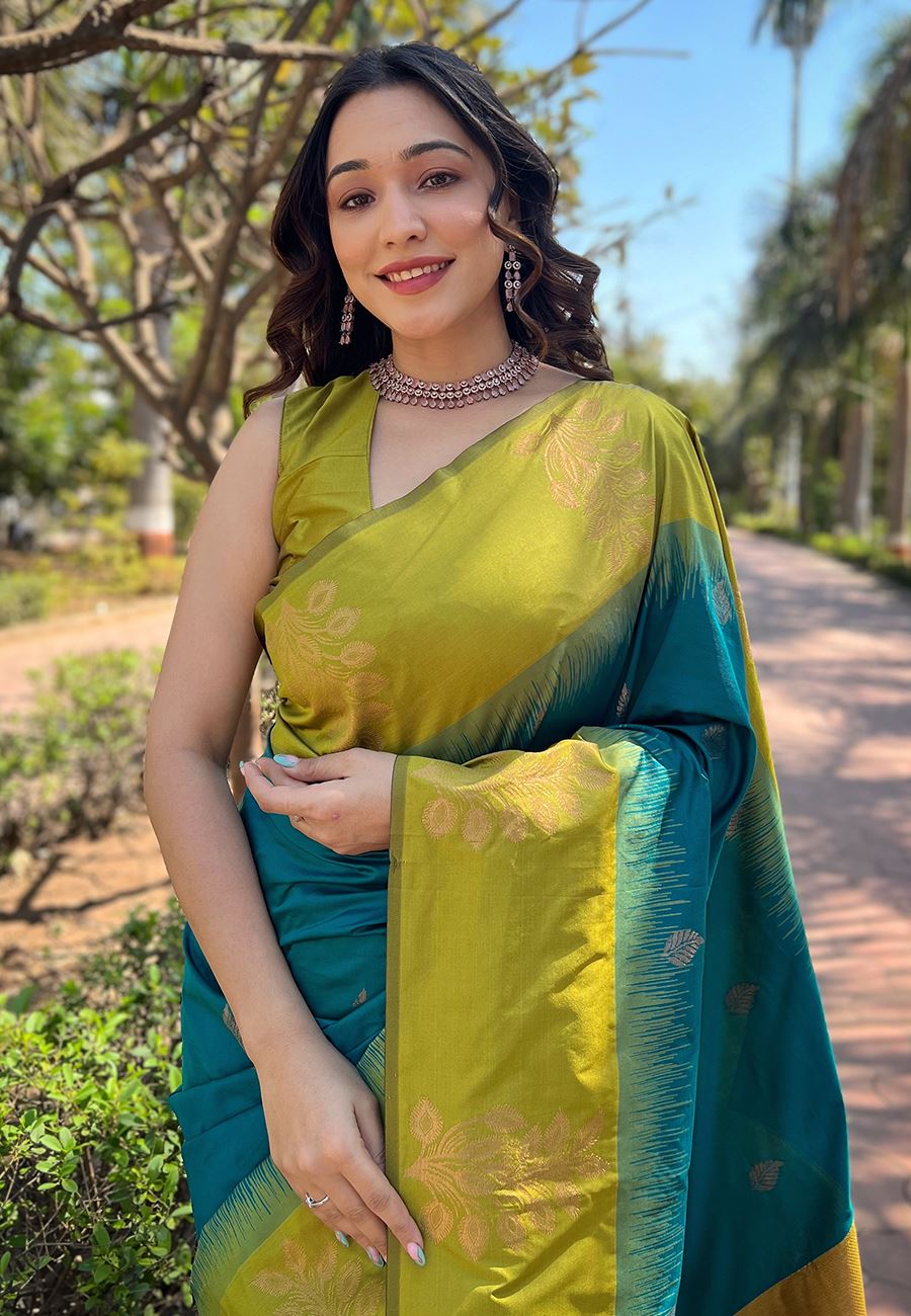 Sea Green Silk Blend Saree With Floral Border Zari Woven Work